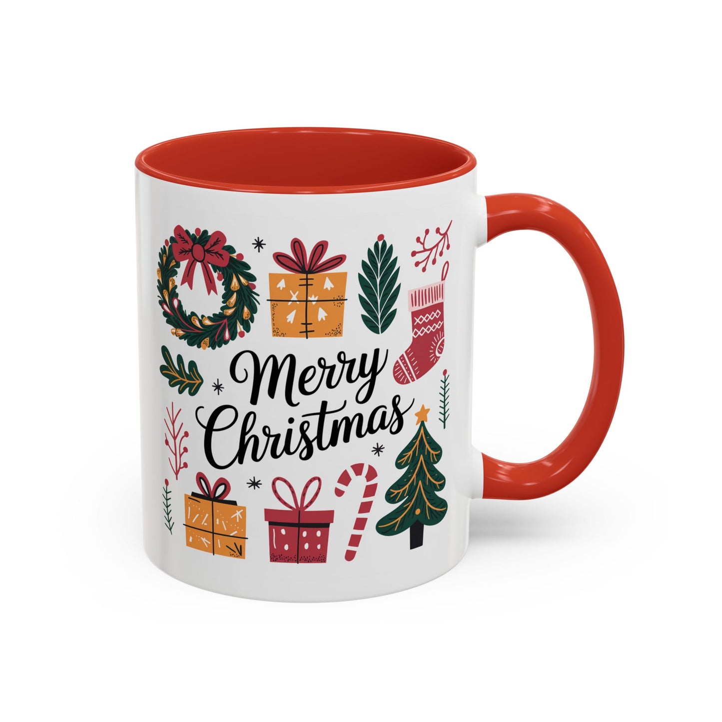 Christmas Mug - Merry Christmas Green Text Presents Tree Candy Cane