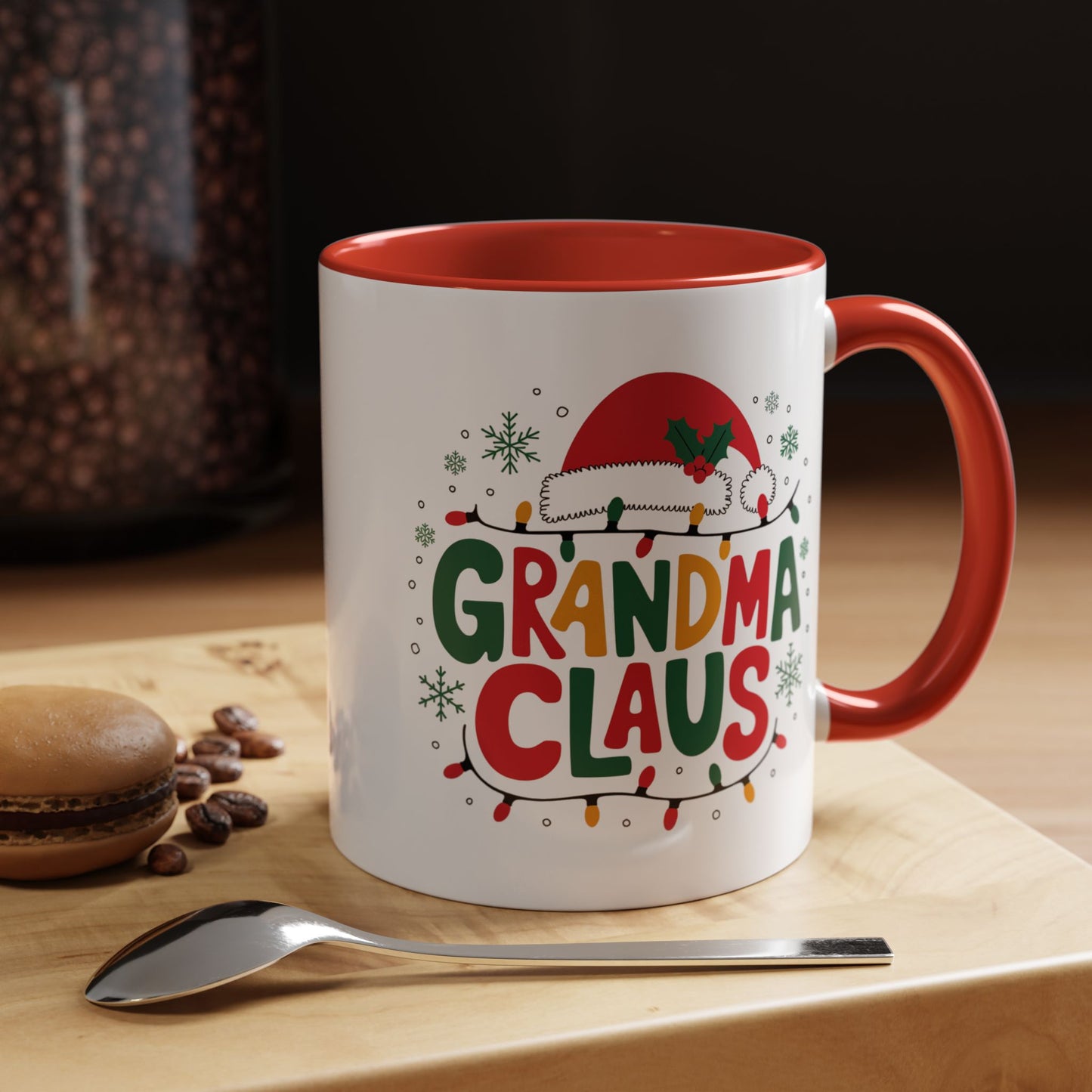 Christmas Mug - Grandma Claus Green Yellow & Red Text Hat Lights Stars