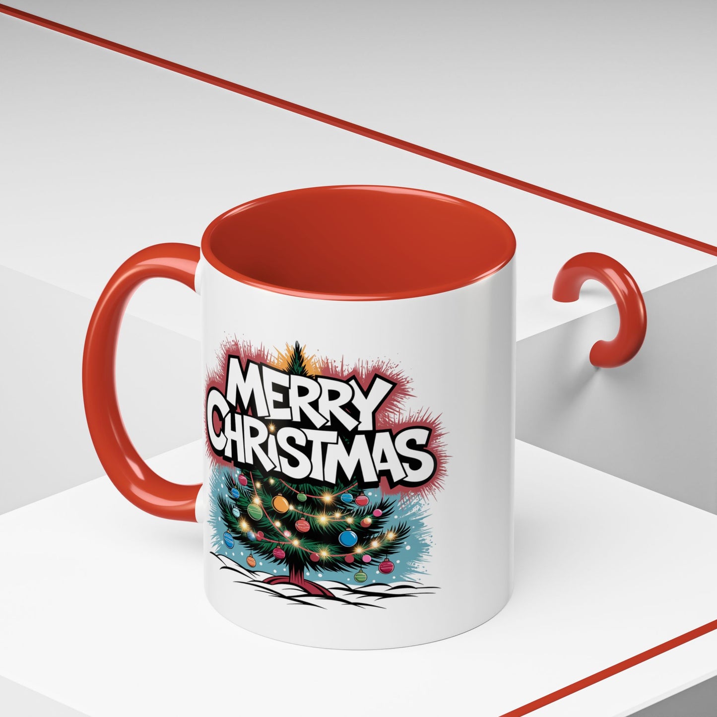 Christmas Mug - Merry Christmas White & Red Text Tree Lights
