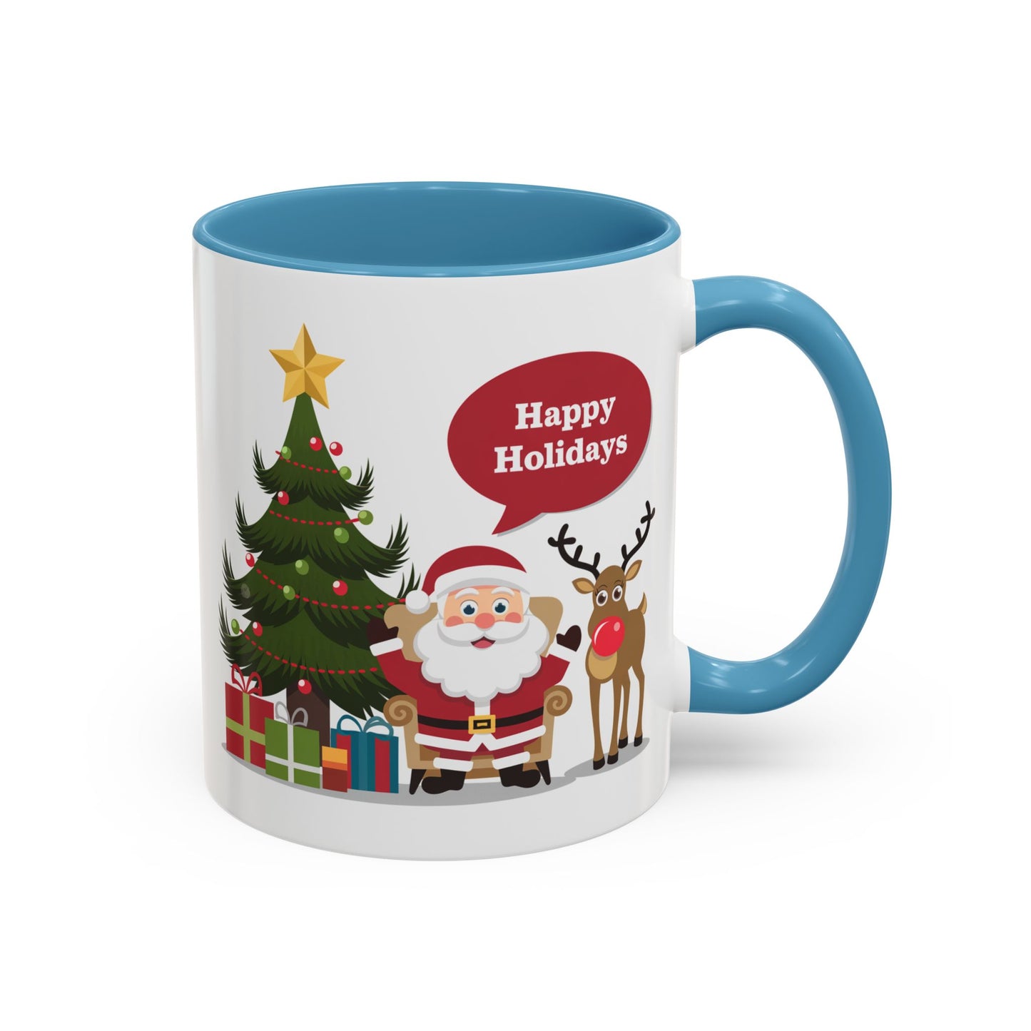 Christmas Mug - Happy Holidays Callout Santa Tree Presents Reindeer