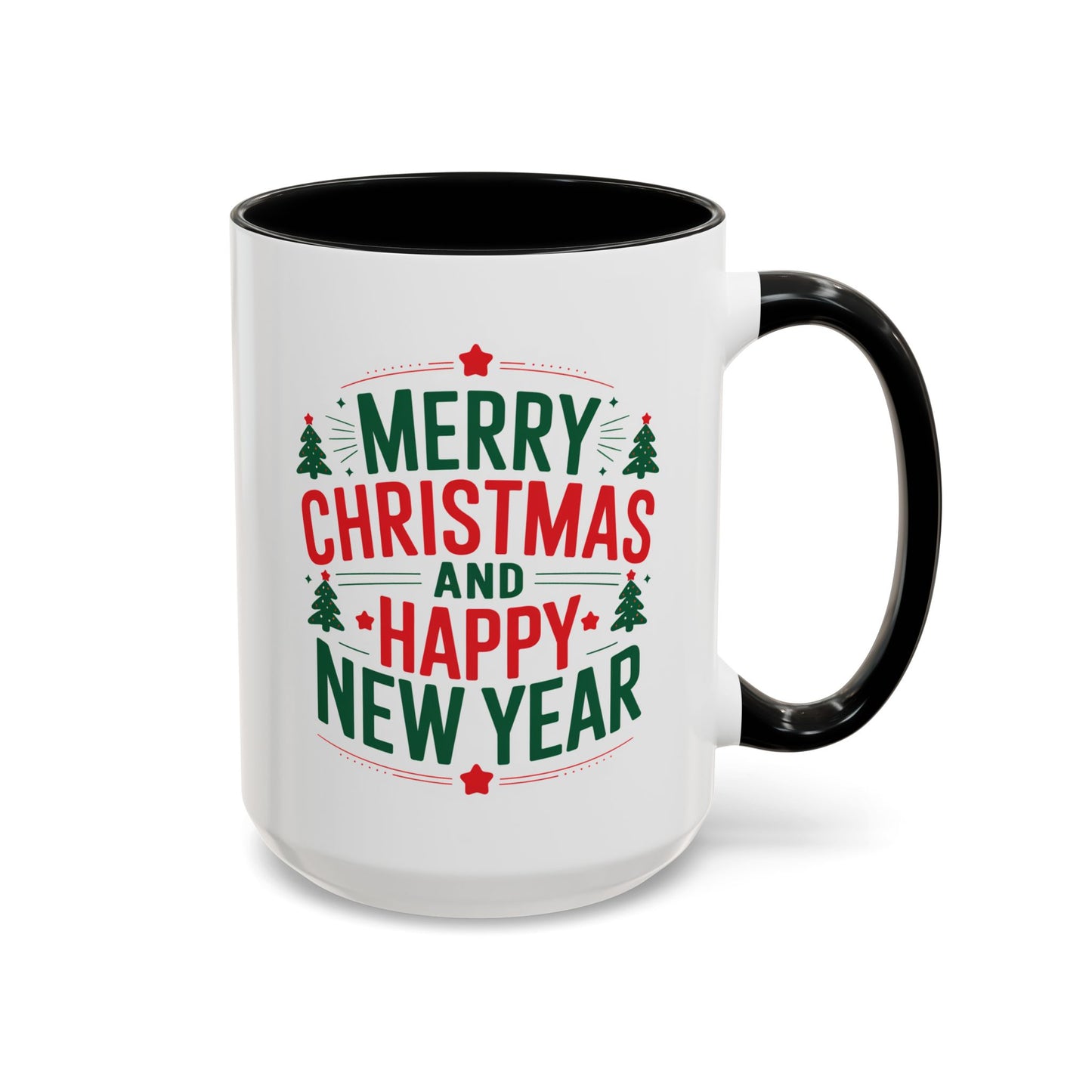 Christmas Mug - Merry Christmas and a Happy New Year Green & Red Text Trees Stars