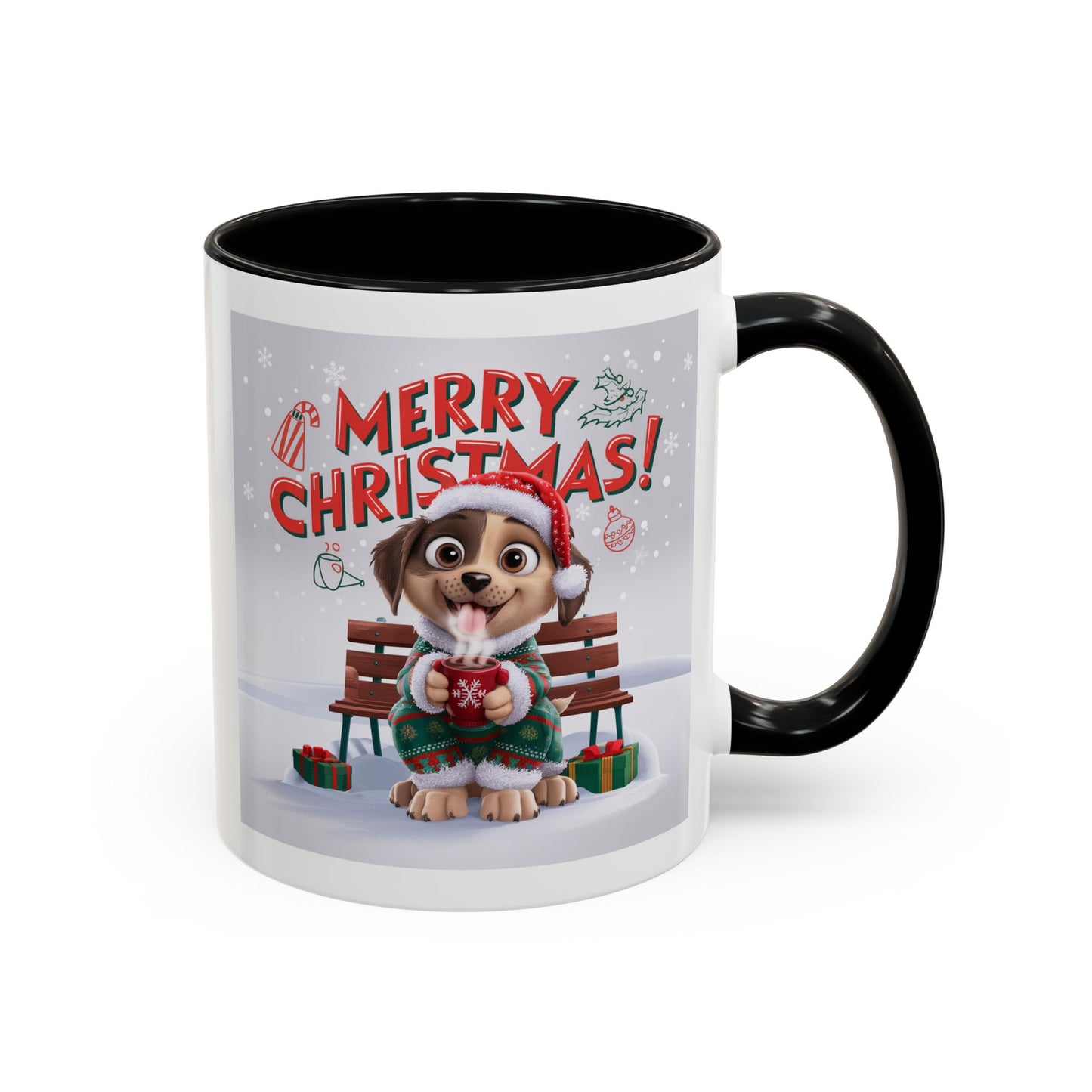 Christmas Mug - Merry Christmas Red Text Puppy Green Top