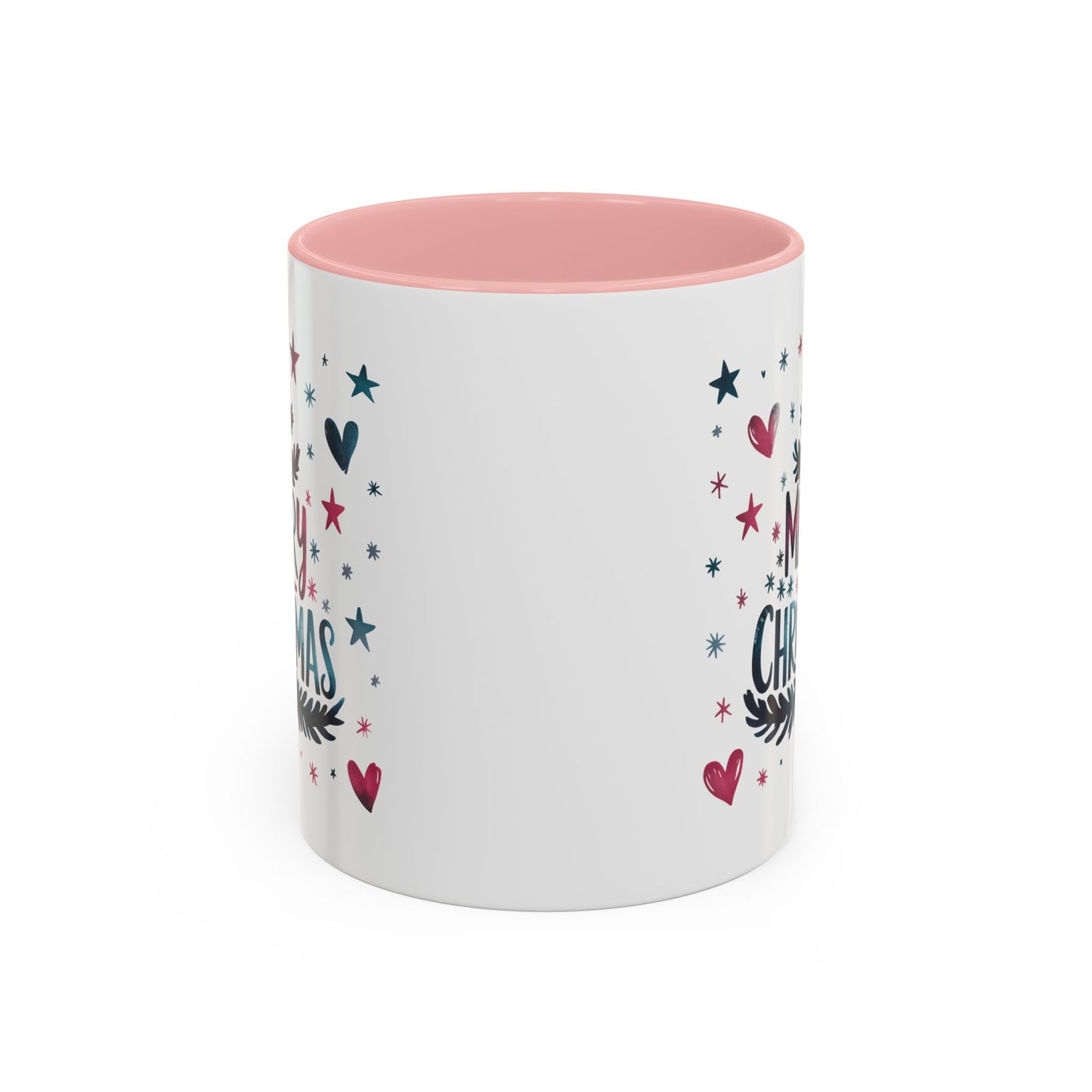 Christmas Mug - Merry Christmas Maroon & Blue Text Tree Hearts Stars