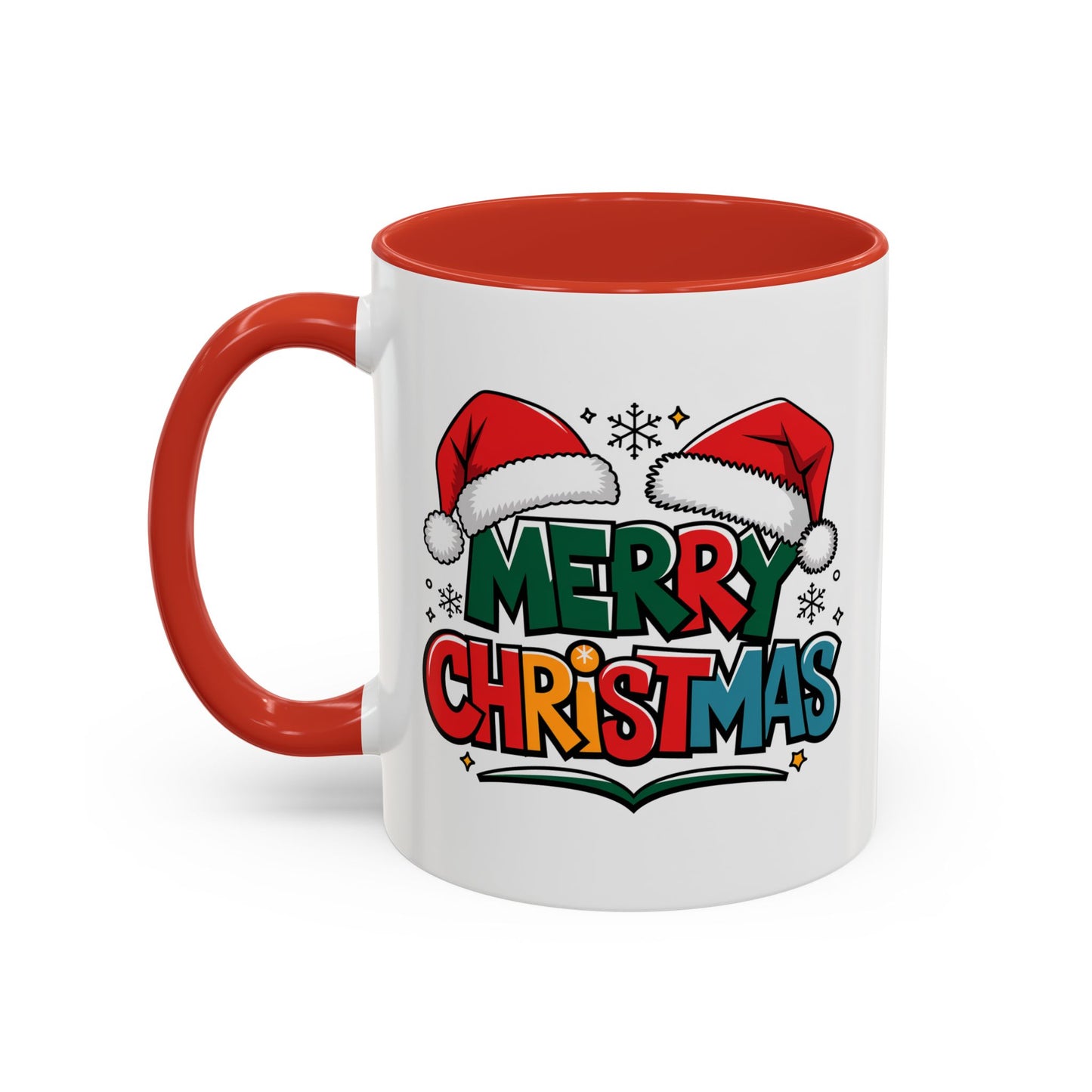 Christmas Mug - Merry Christmas Green Red Yellow and Blue Text Red Hats