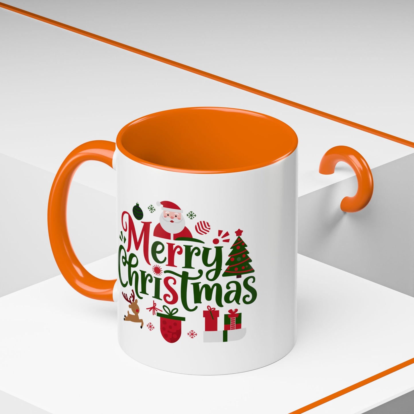 Christmas Mug - Merry Christmas Red & Green Text Santa Reindeer Tree Sleigh Ornaments