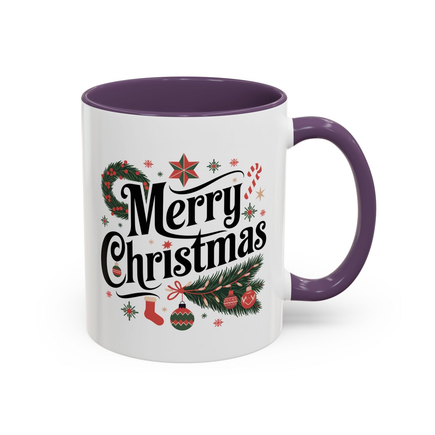 Christmas Mug - Merry Christmas Black Text Star Stocking Ornament Candy Cane
