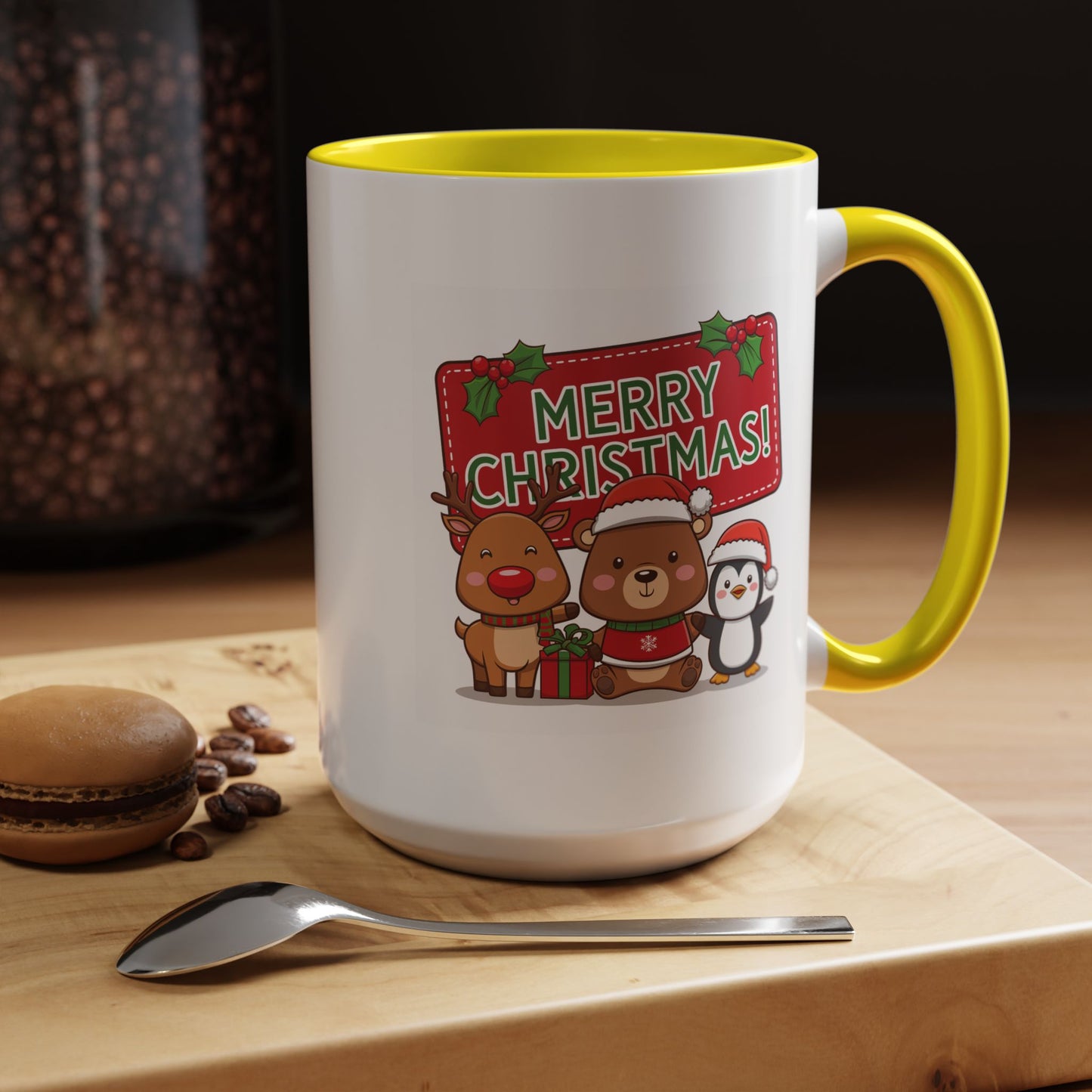 Christmas Mug - Green Text Red Banner Reindeer Bear Penguin