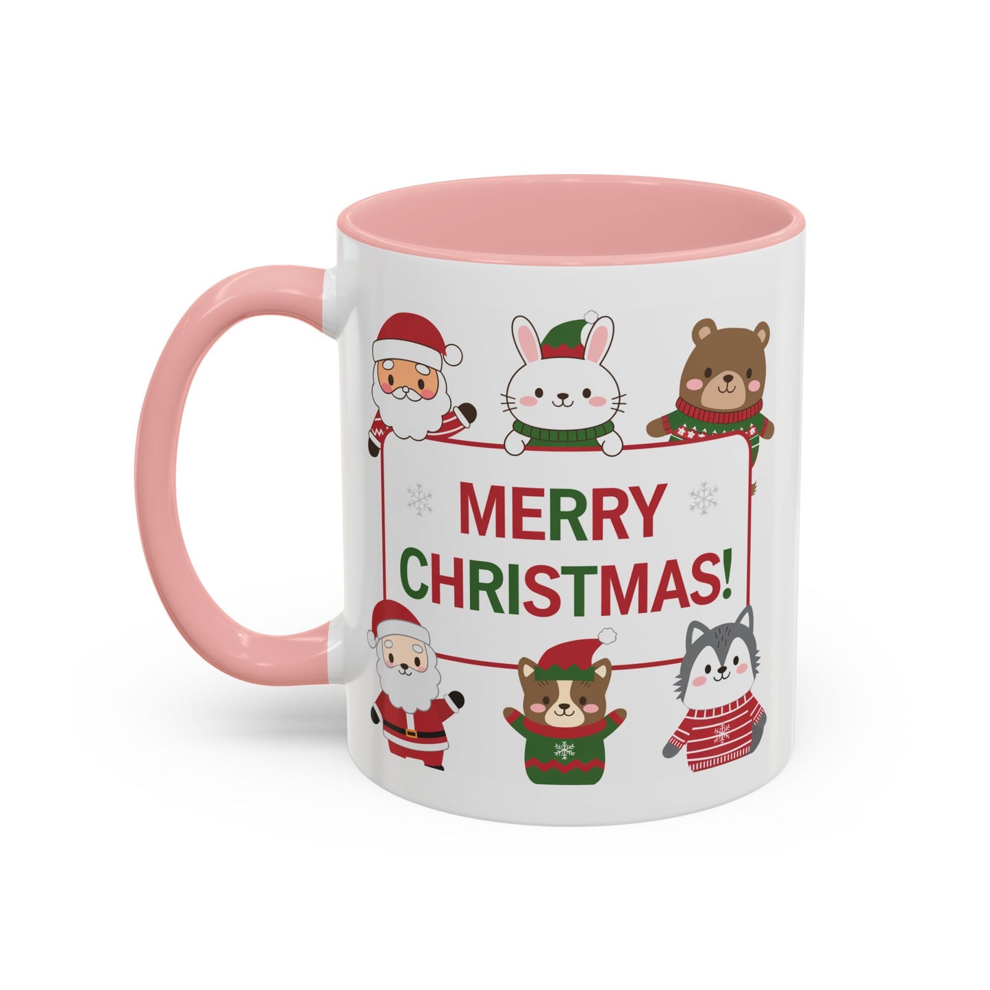 Christmas Mug - Merry Christmas Red & Green Text Santa Cute Animals