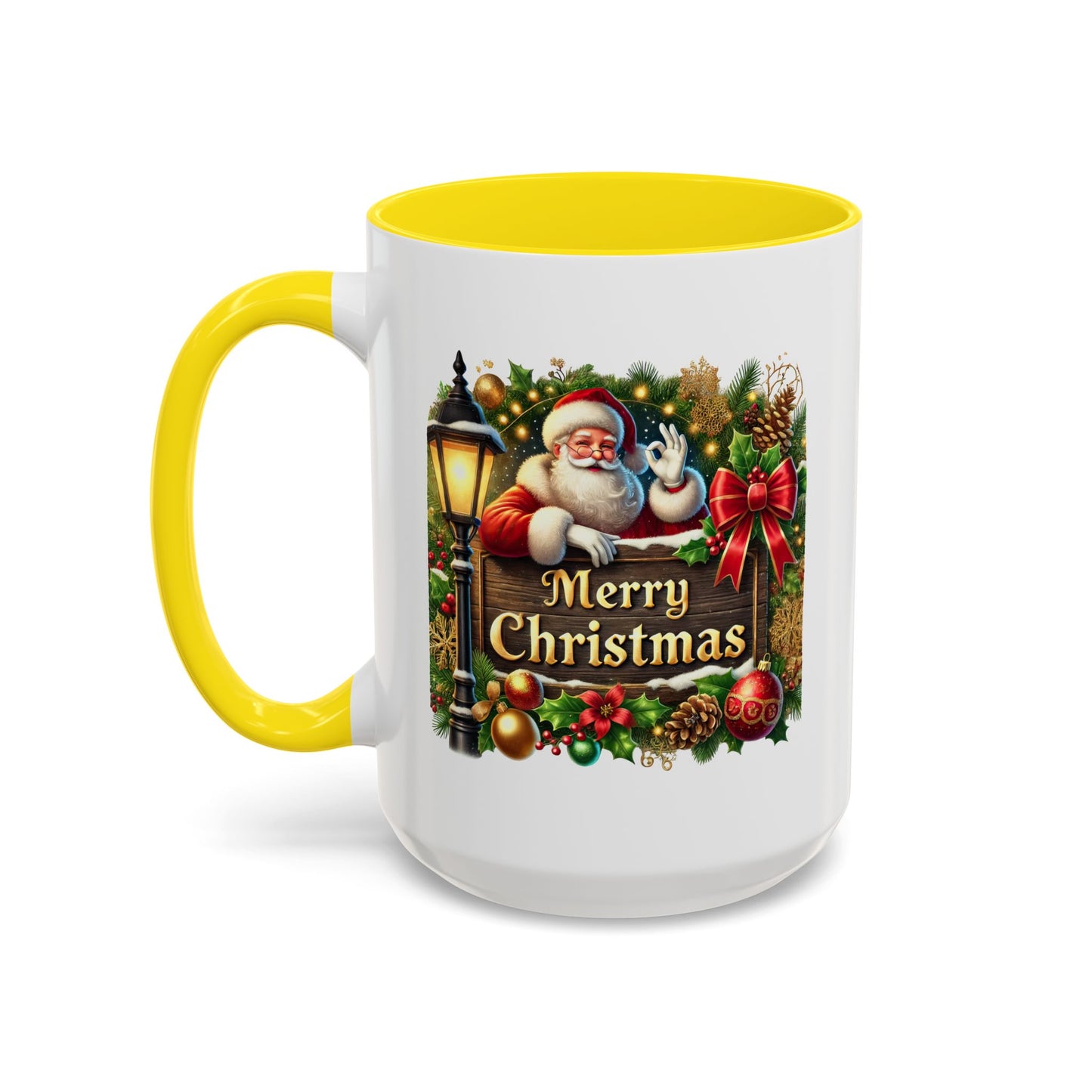 Christmas Mug - Merry Christmas Cream Text Santa Ok Light Bow Ornaments