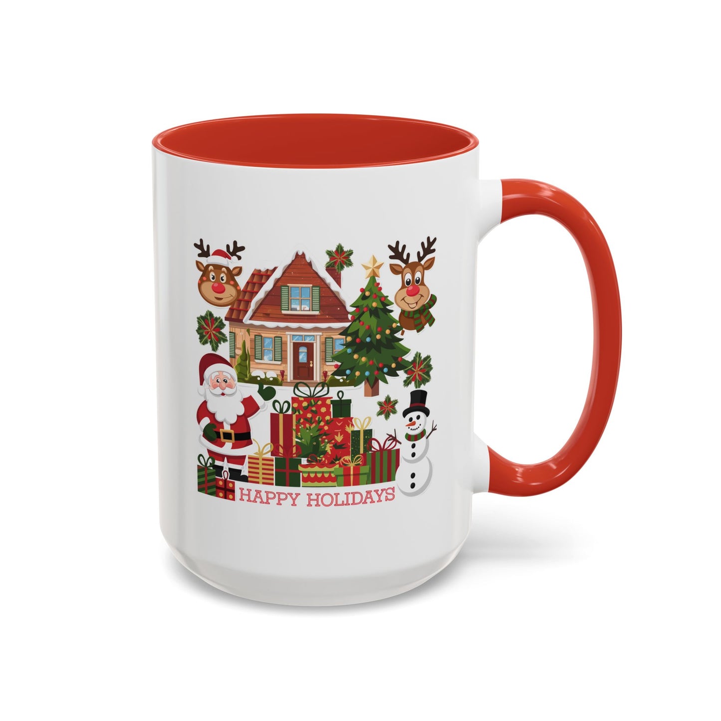 Christmas Mug - Happy Holidays Red Text Reindeer Santa Snowman Presents