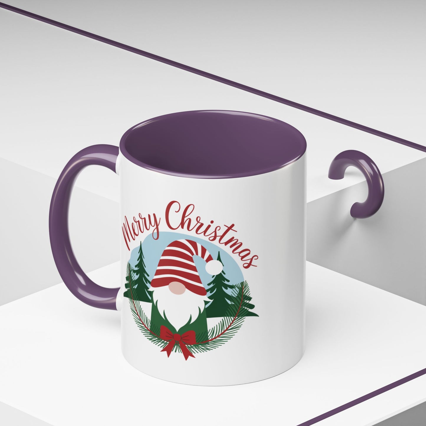 Christmas Mug - Merry Christmas Red Text Gnome Bow Tree