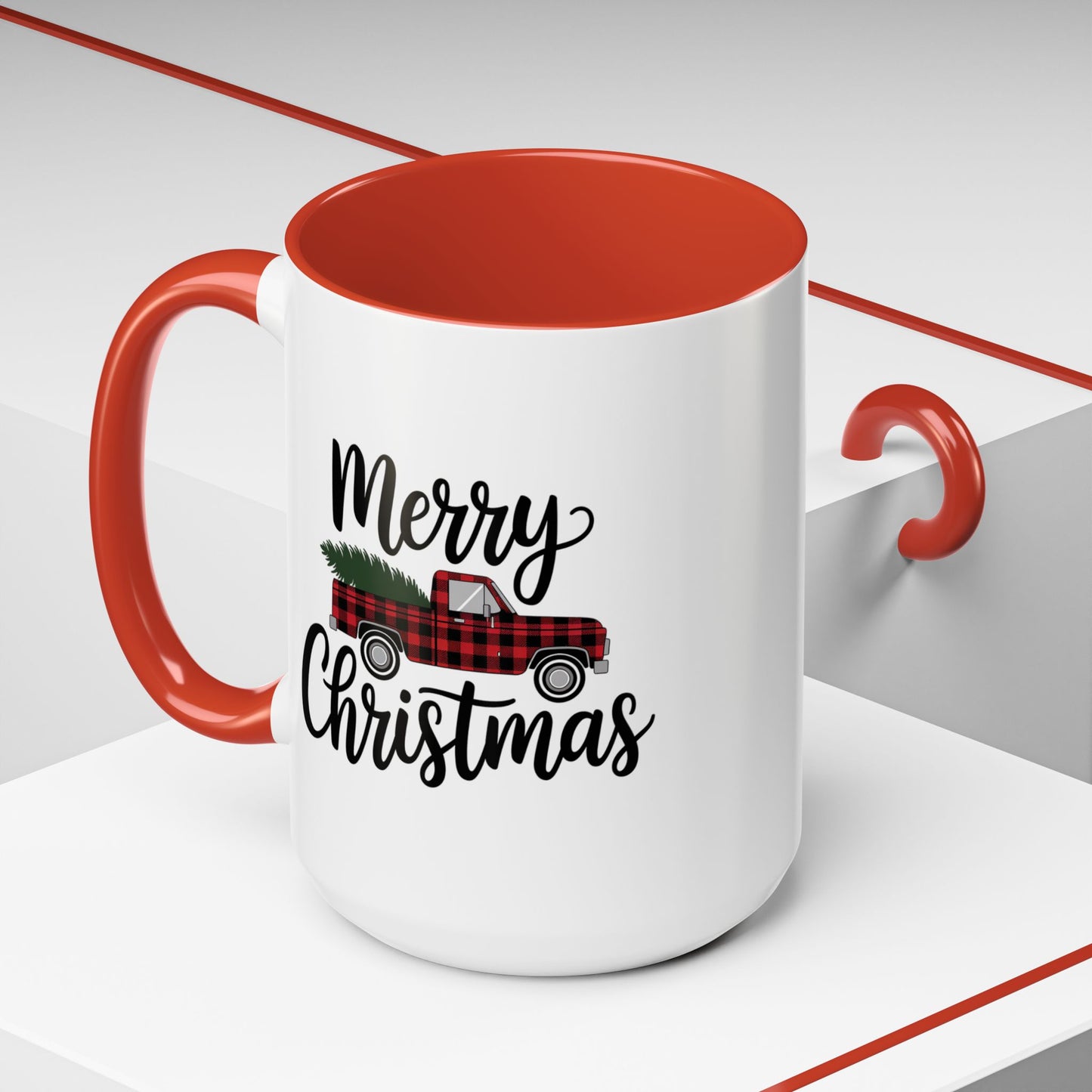 Christmas Mug - Merry Christmas Black Text Tartan Truck