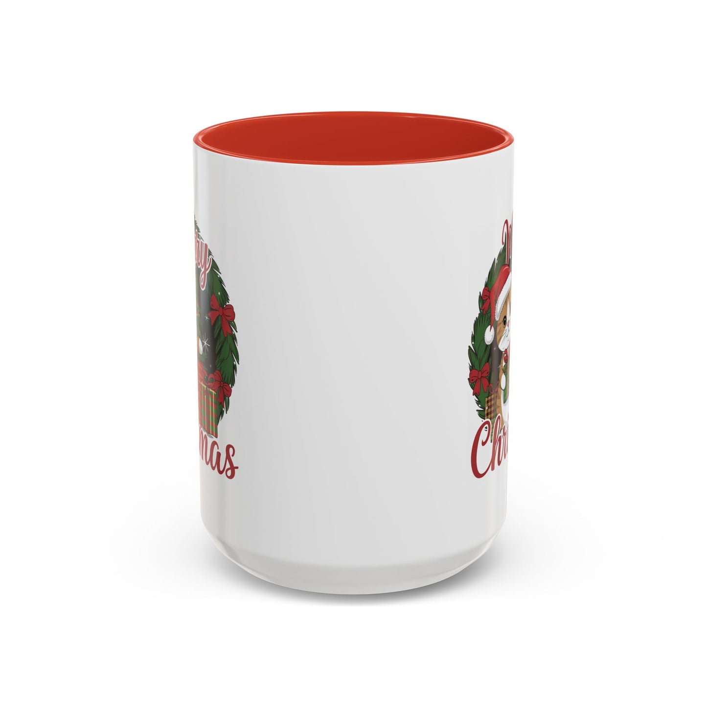 Christmas Mug - Merry Christmas Red Text Cat Presents Wreath
