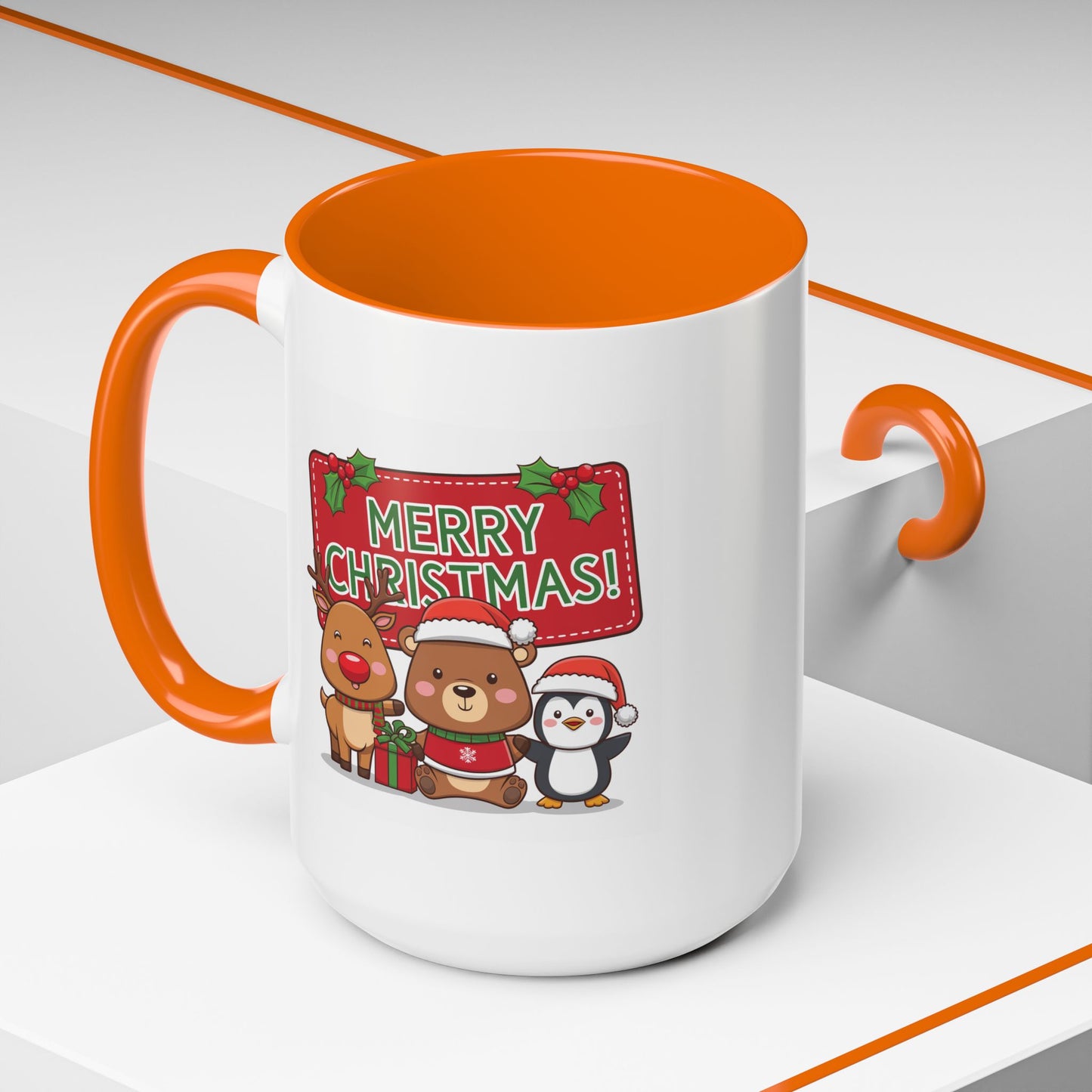 Christmas Mug - Green Text Red Banner Reindeer Bear Penguin