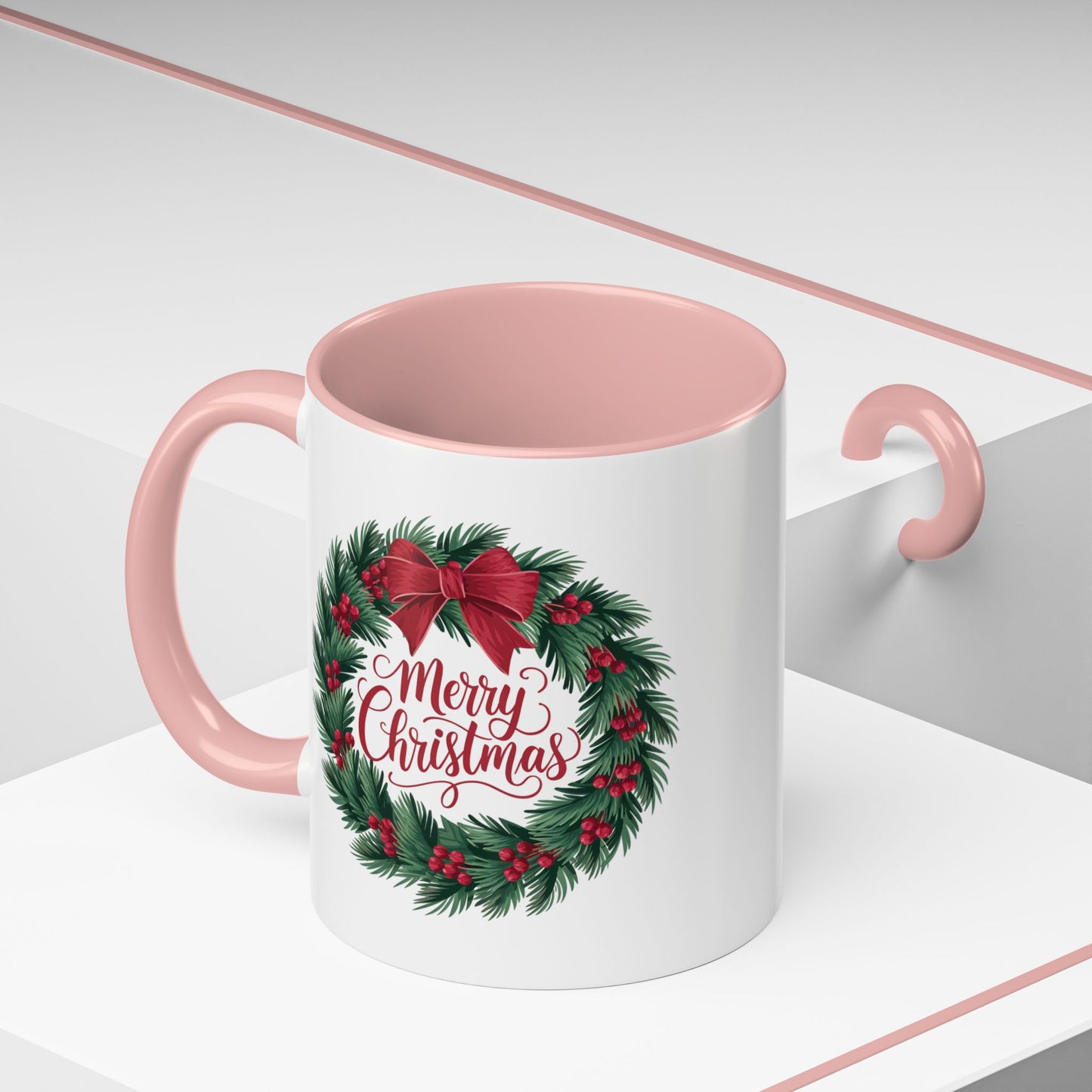 Christmas Mug - Merry Christmas Red Text Bow Wreath