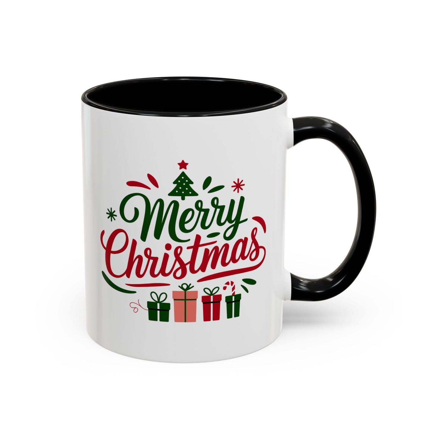 Christmas Mug - Merry Christmas Green & Red Text Tree Snowflakes Presents