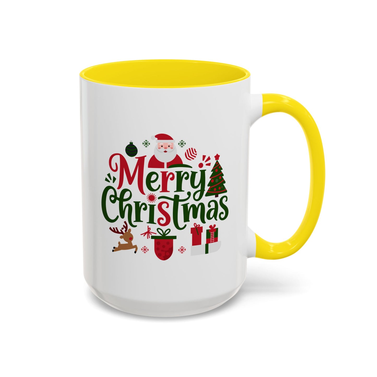 Christmas Mug - Merry Christmas Red & Green Text Santa Reindeer Tree Sleigh Ornaments