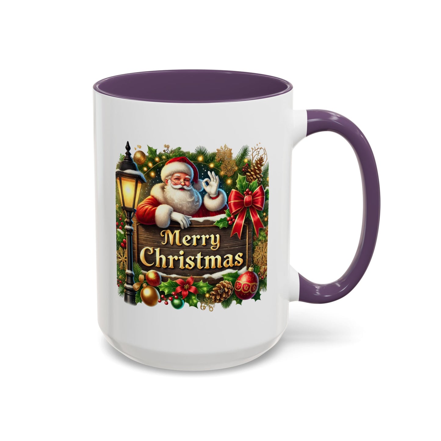 Christmas Mug - Merry Christmas Cream Text Santa Ok Light Bow Ornaments