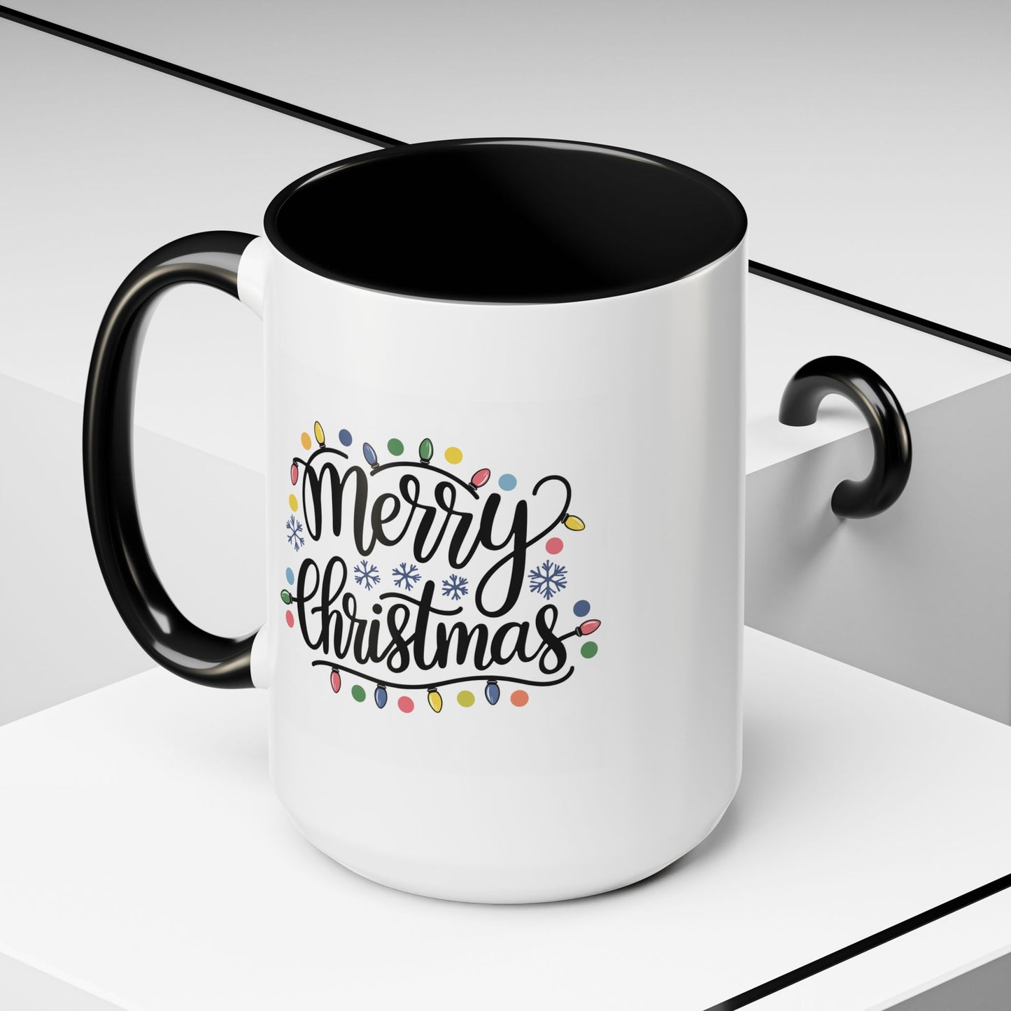 Christmas Mug - Merry Christmas Black Text Colored Lights