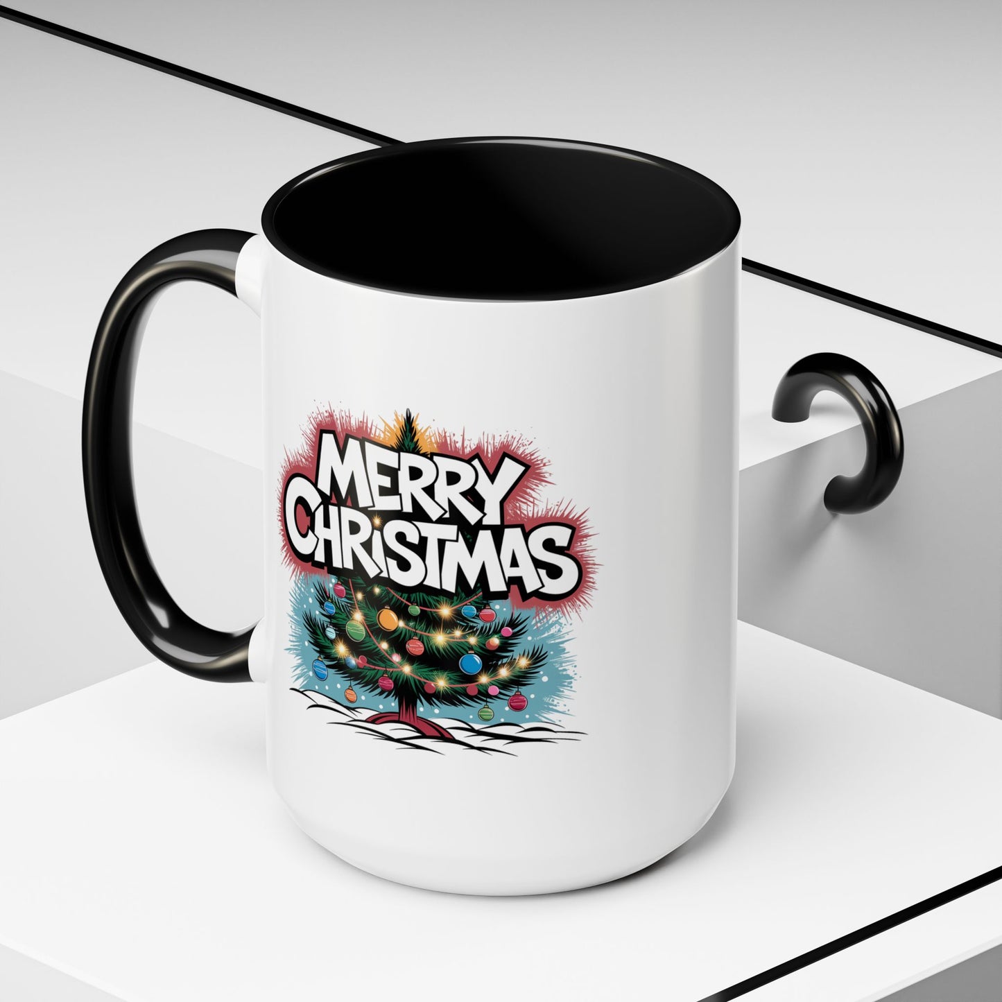 Christmas Mug - Merry Christmas White & Red Text Tree Lights