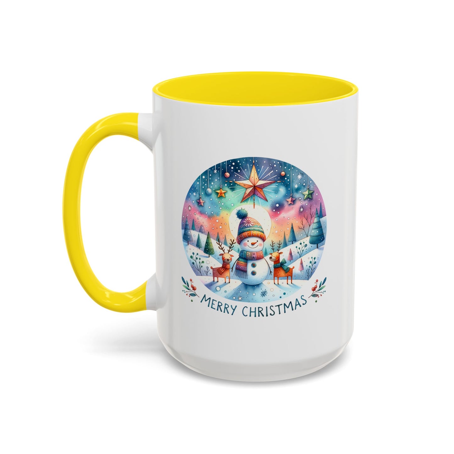 Christmas Mug - Merry Christmas Blue Text Snowman Star Reindeer