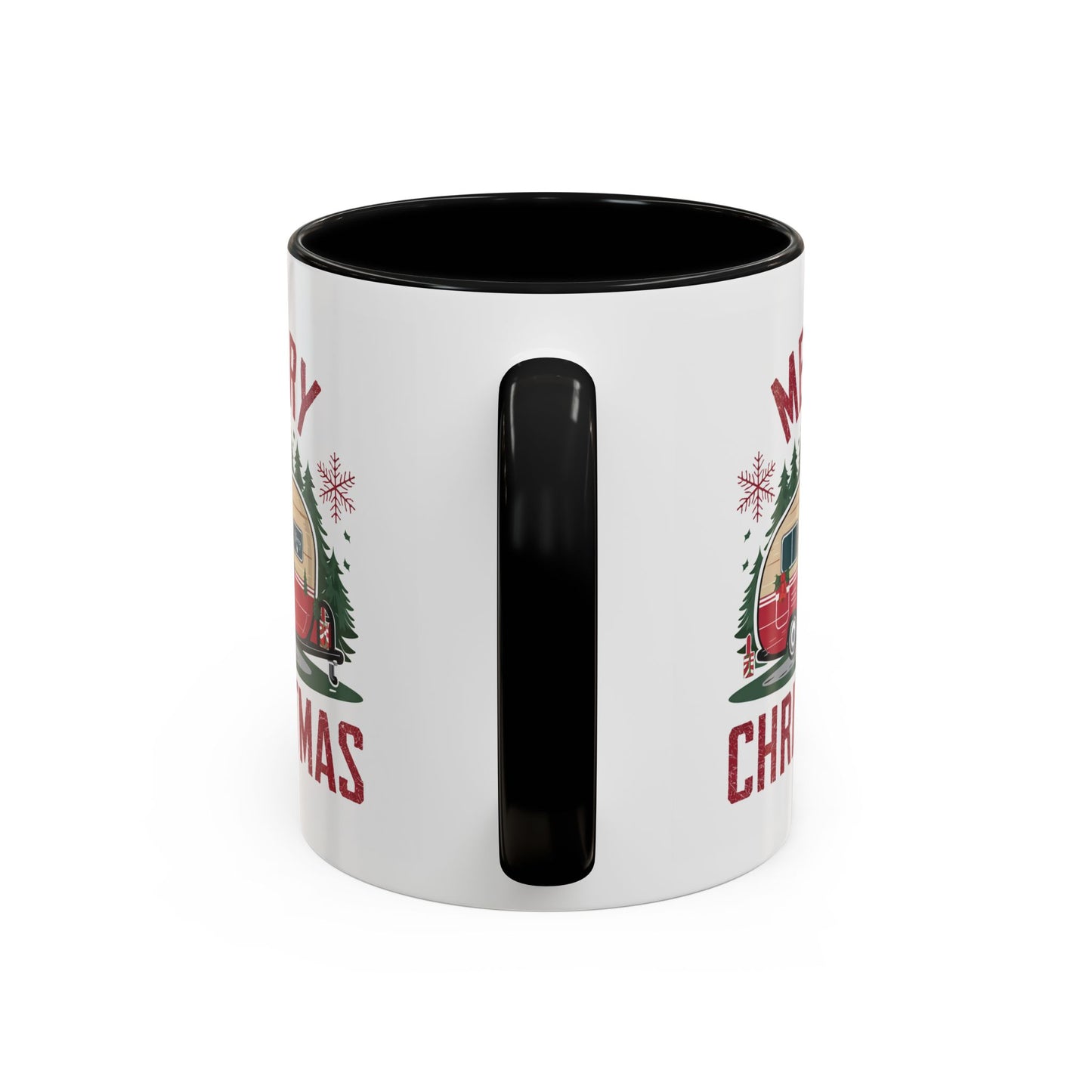 Christmas Mug - Merry Christmas Maroon Text Camper Trees Snowflakes
