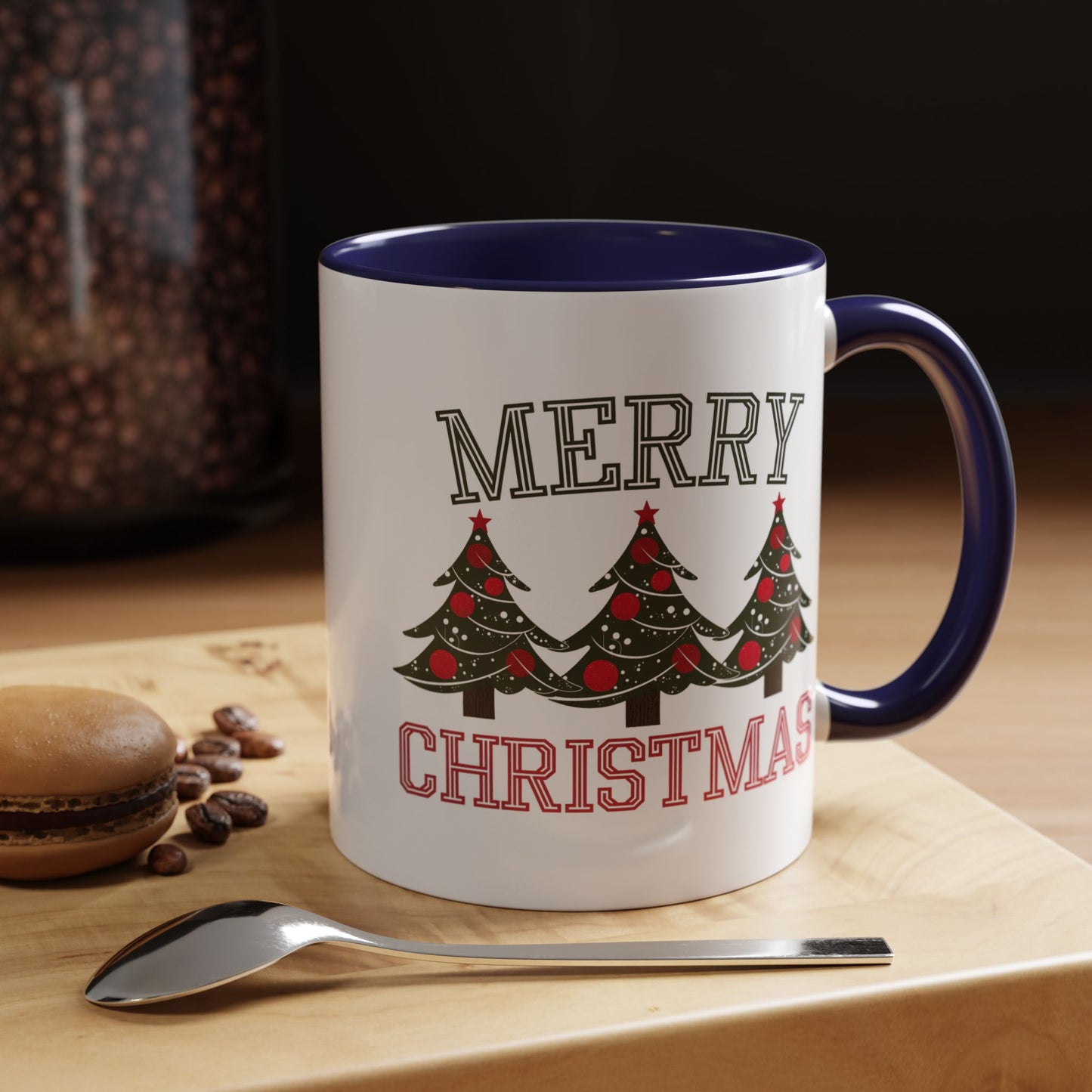 Christmas Mug - Merry Christmas Green & Red Text Decorative Trees