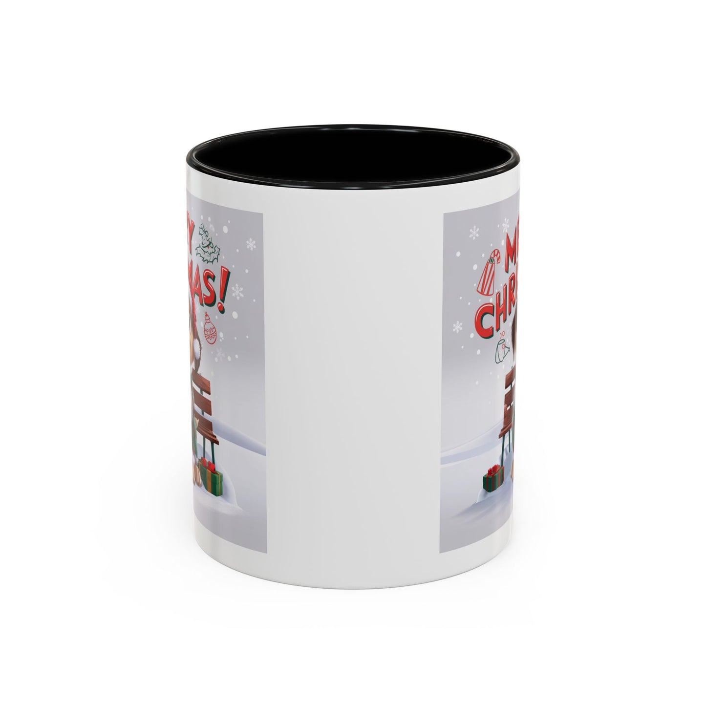 Christmas Mug - Merry Christmas Red Text Puppy Green Top
