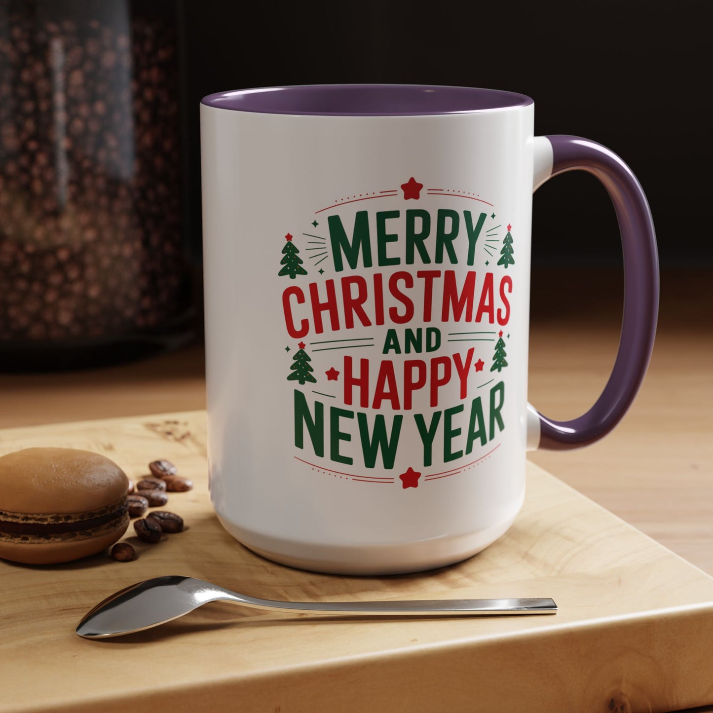Christmas Mug - Merry Christmas and a Happy New Year Green & Red Text Trees Stars