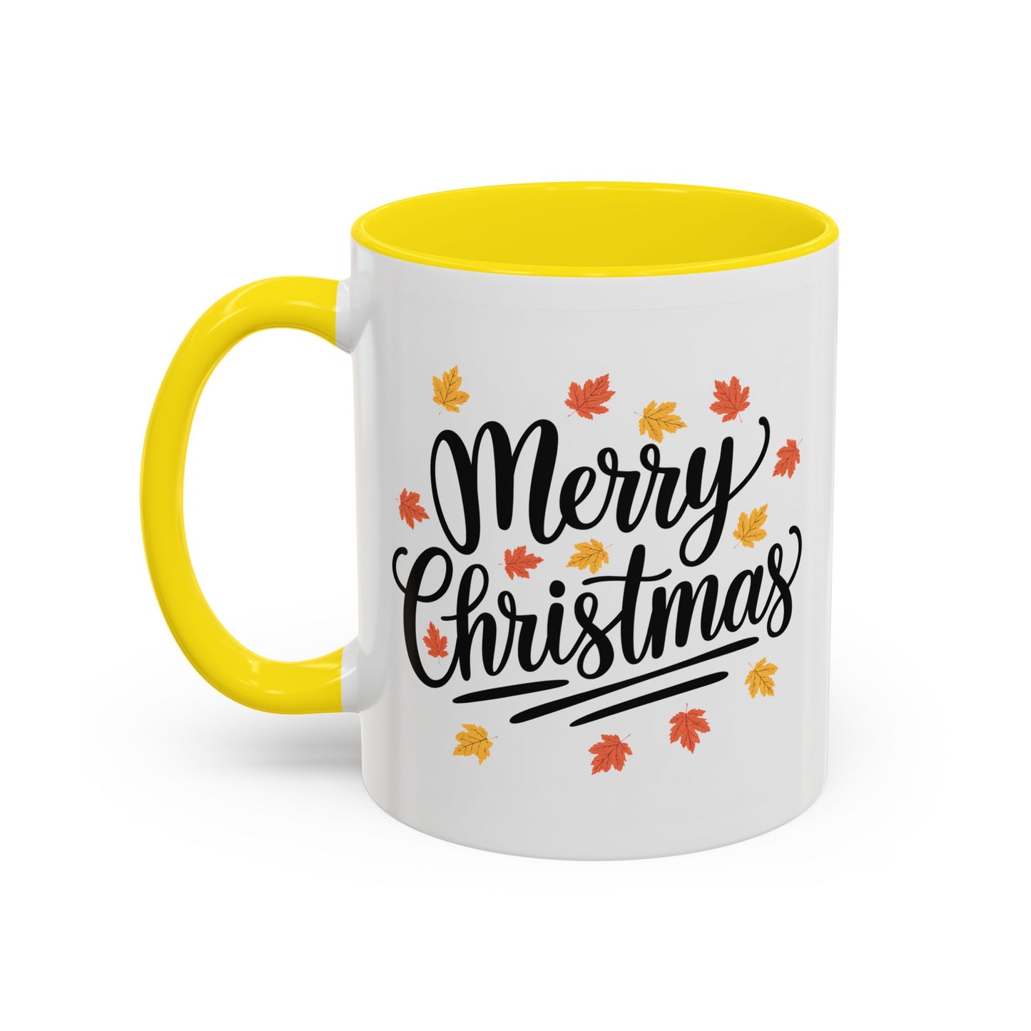 Christmas Mug - Merry Christmas Black Text Fall Leaves