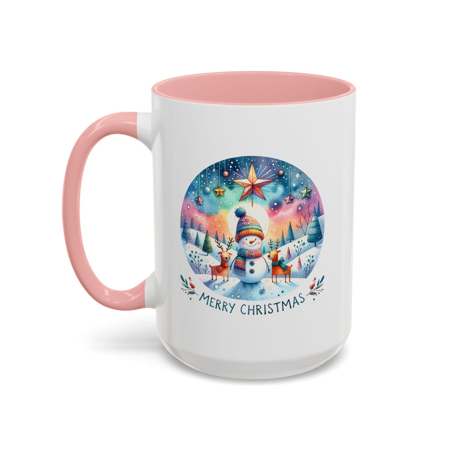 Christmas Mug - Merry Christmas Blue Text Snowman Star Reindeer
