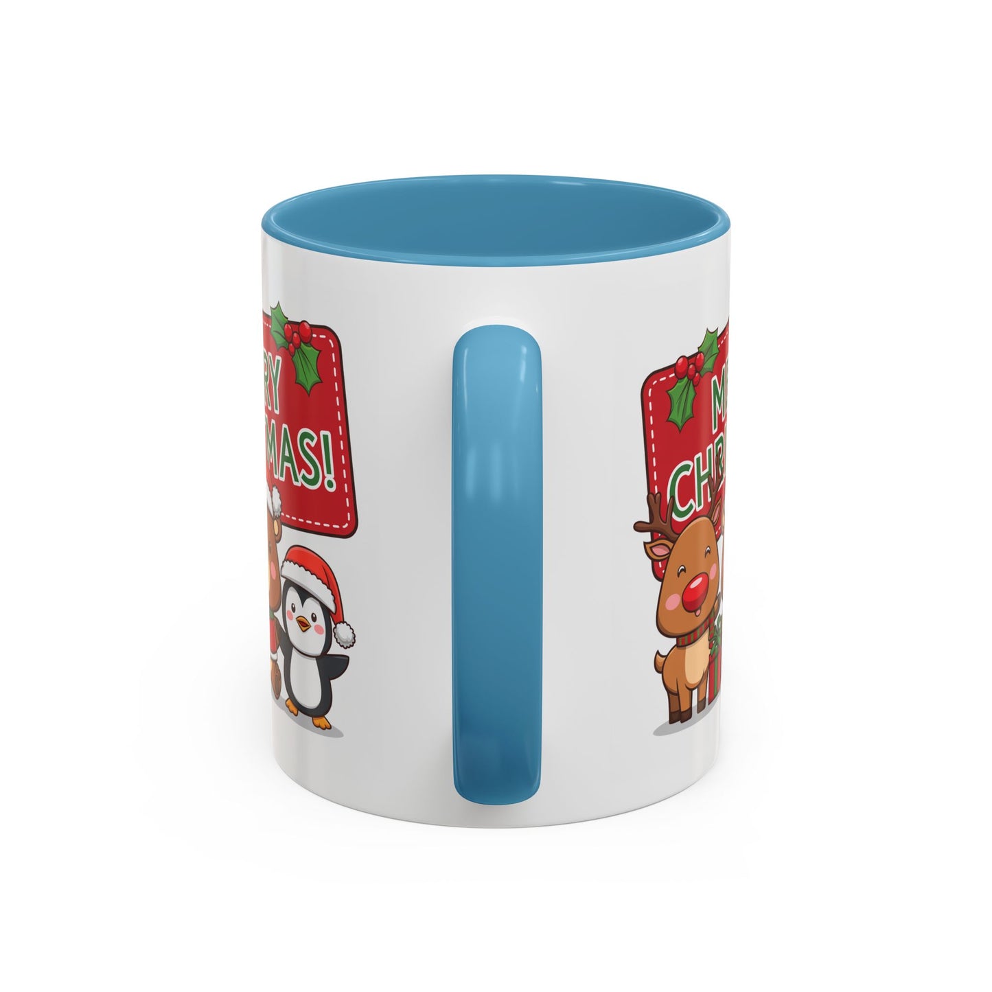 Christmas Mug - Green Text Red Banner Reindeer Bear Penguin