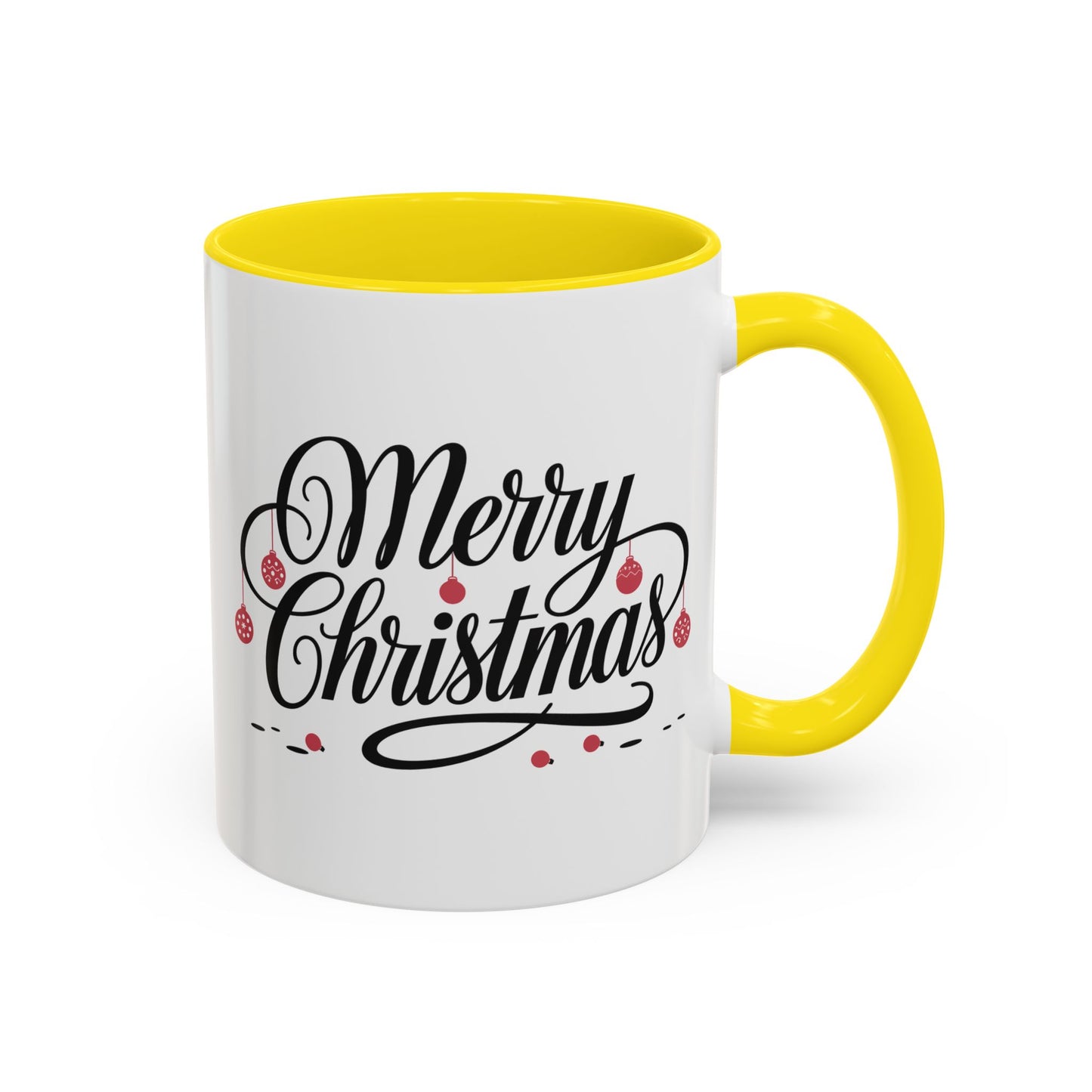 Christmas Mug - Merry Christmas Black Text Red Ornaments