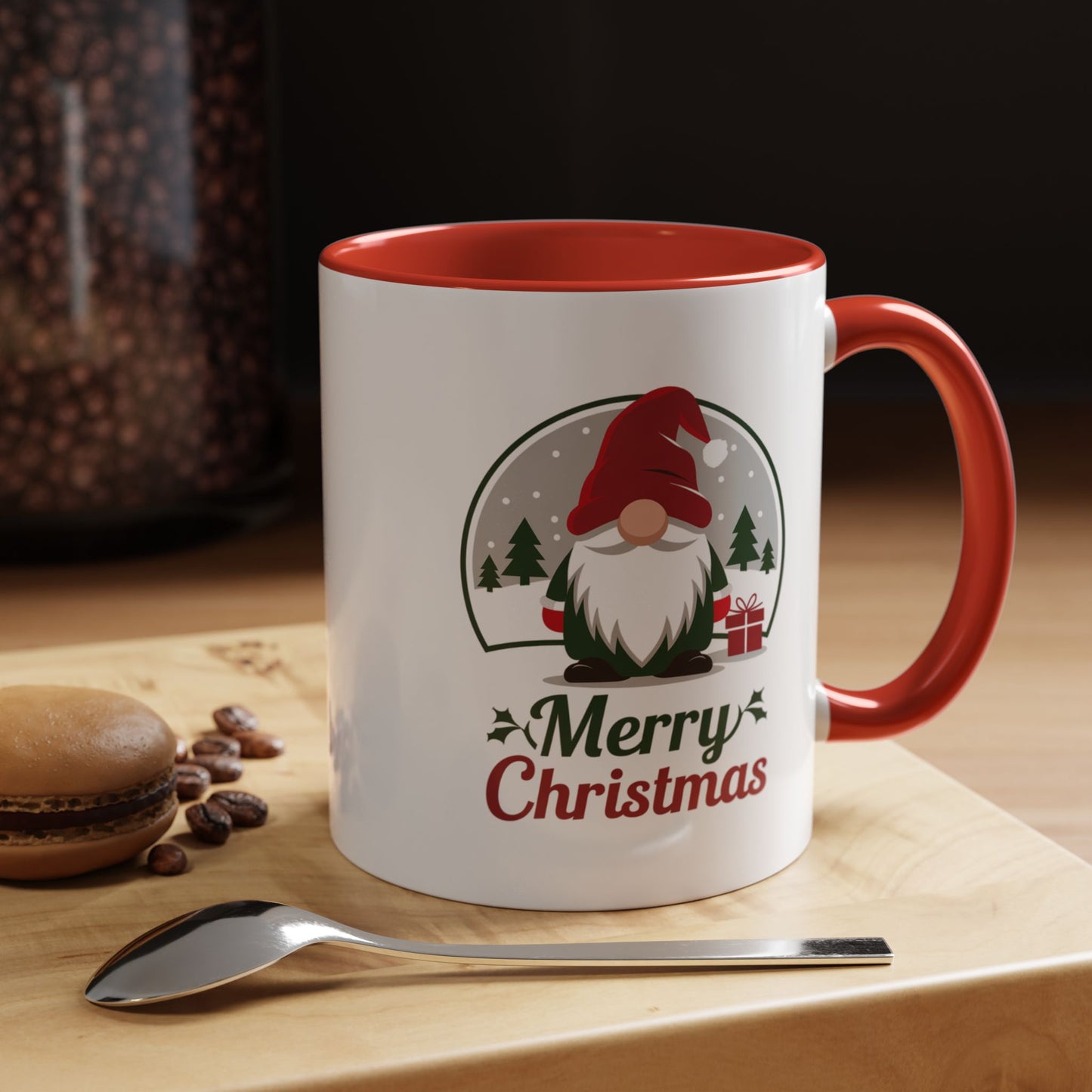 Christmas Mug - Merry Christmas Green & Red Text Gnome Present Trees
