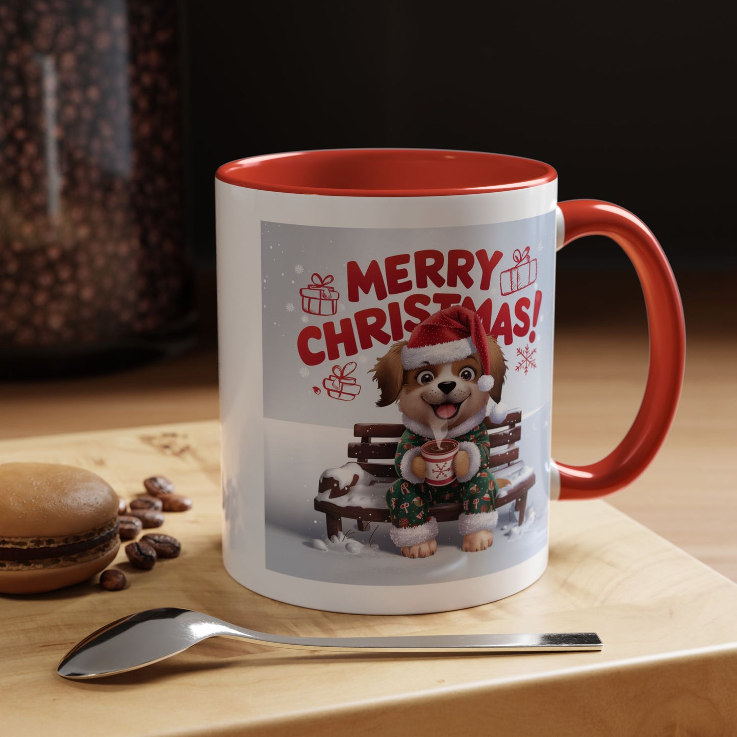 Christmas Mug - Merry Christmas Red Text Puppy Green Top 2