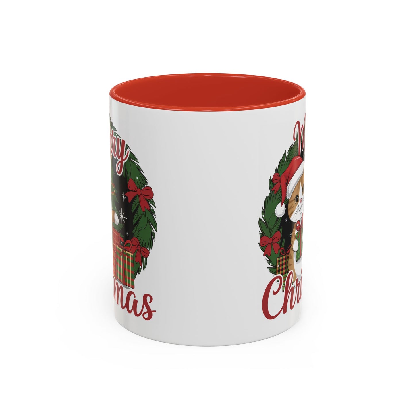Christmas Mug - Merry Christmas Red Text Cat Presents Wreath