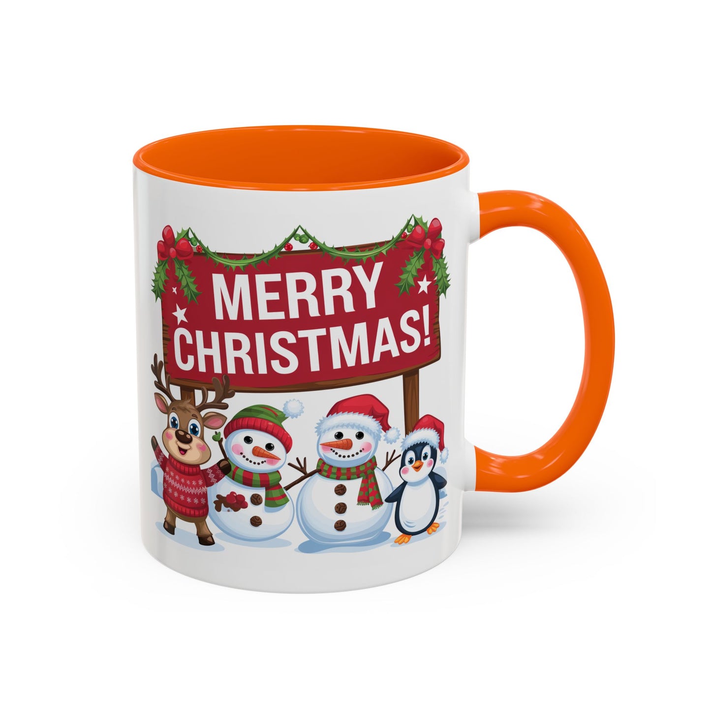 Christmas Mug - Merry Christmas White Text Reindeer Snowmen Penguin