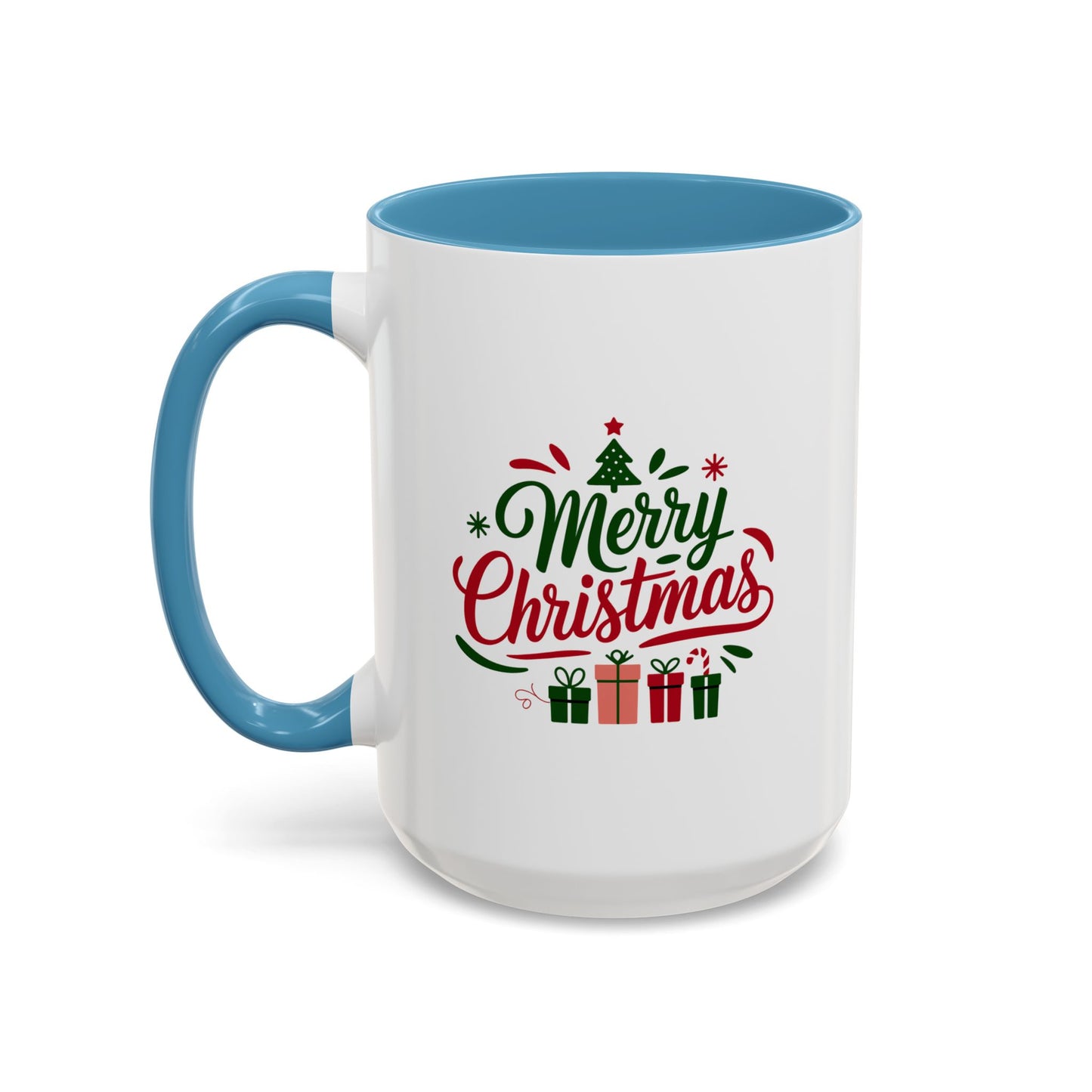 Christmas Mug - Merry Christmas Green & Red Text Tree Snowflakes Presents