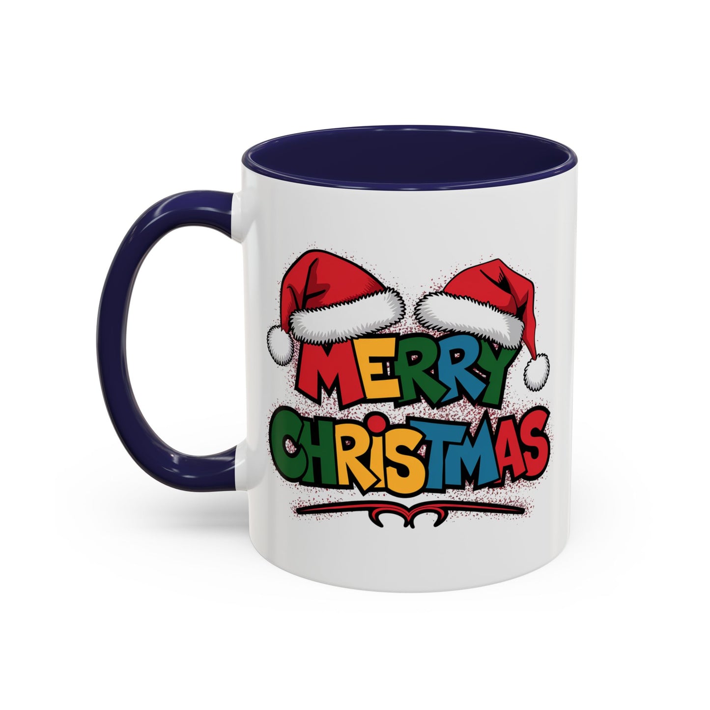 Christmas Mug - Merry Christmas Red Yellow & Blue Text Red Hats