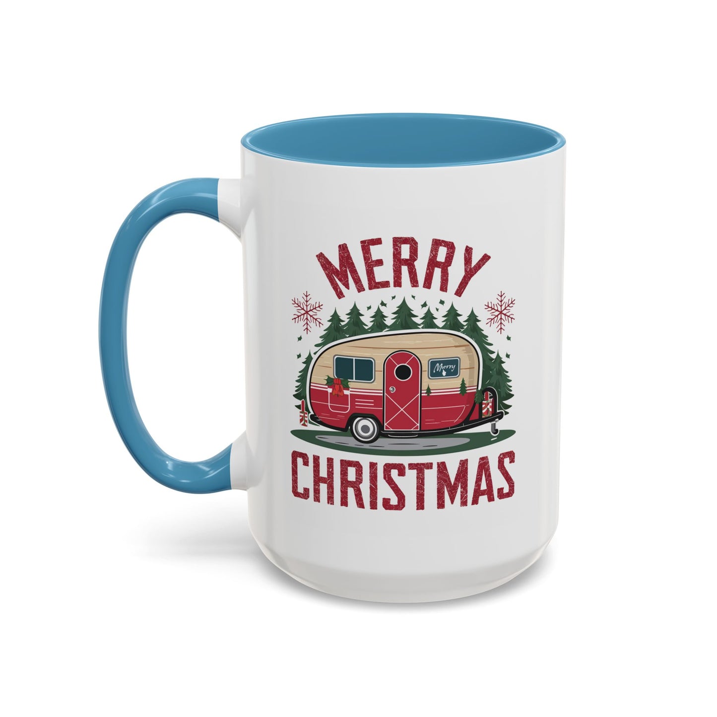 Christmas Mug - Merry Christmas Maroon Text Camper Trees Snowflakes