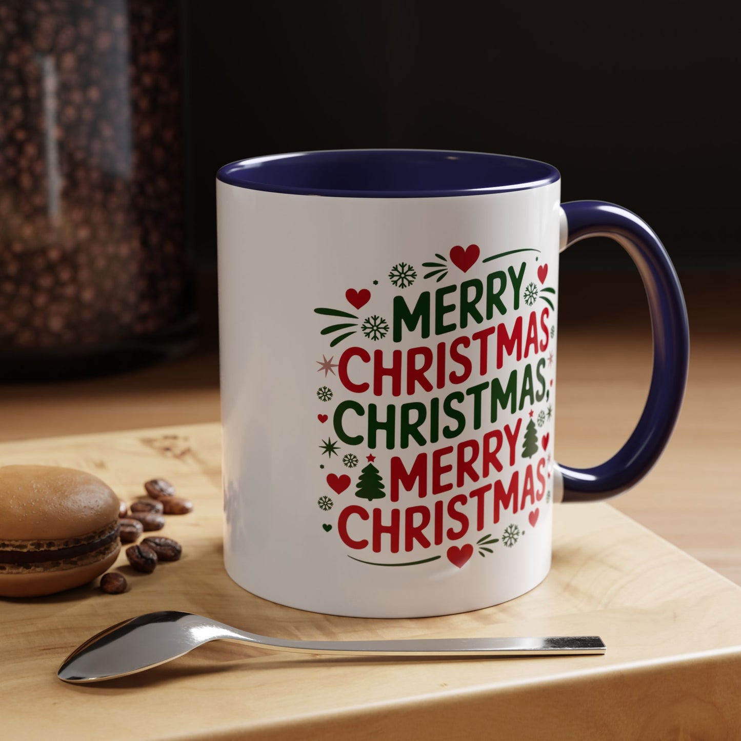 Christmas Mug - Merry Christmas Green & Red Text Trees Hearts Snowflakes Stars