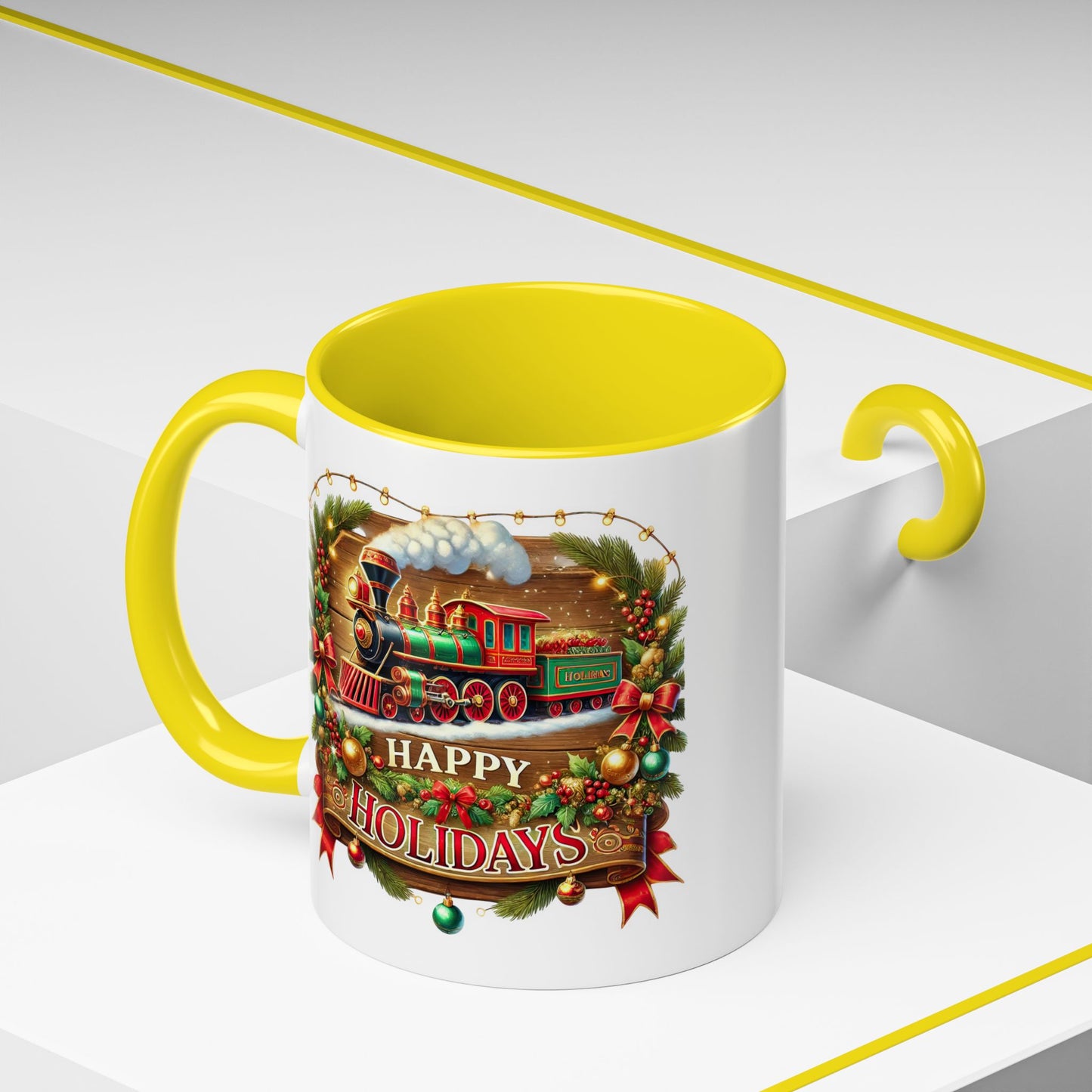 Christmas Mug - Happy Holidays White & Red Text Steam Locomotive