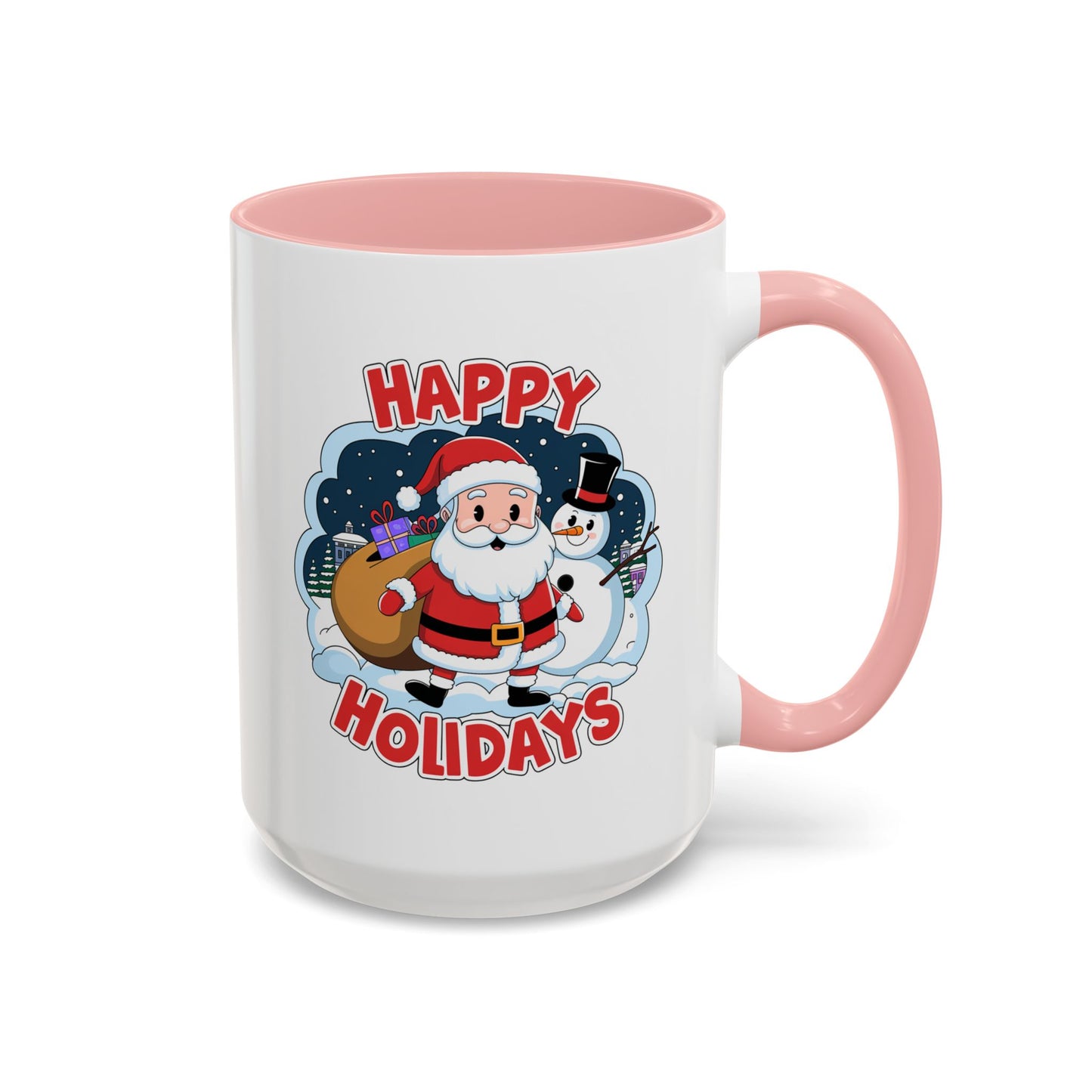 Christmas Mug - Happy Holidays Red & White Text Santa Snowman