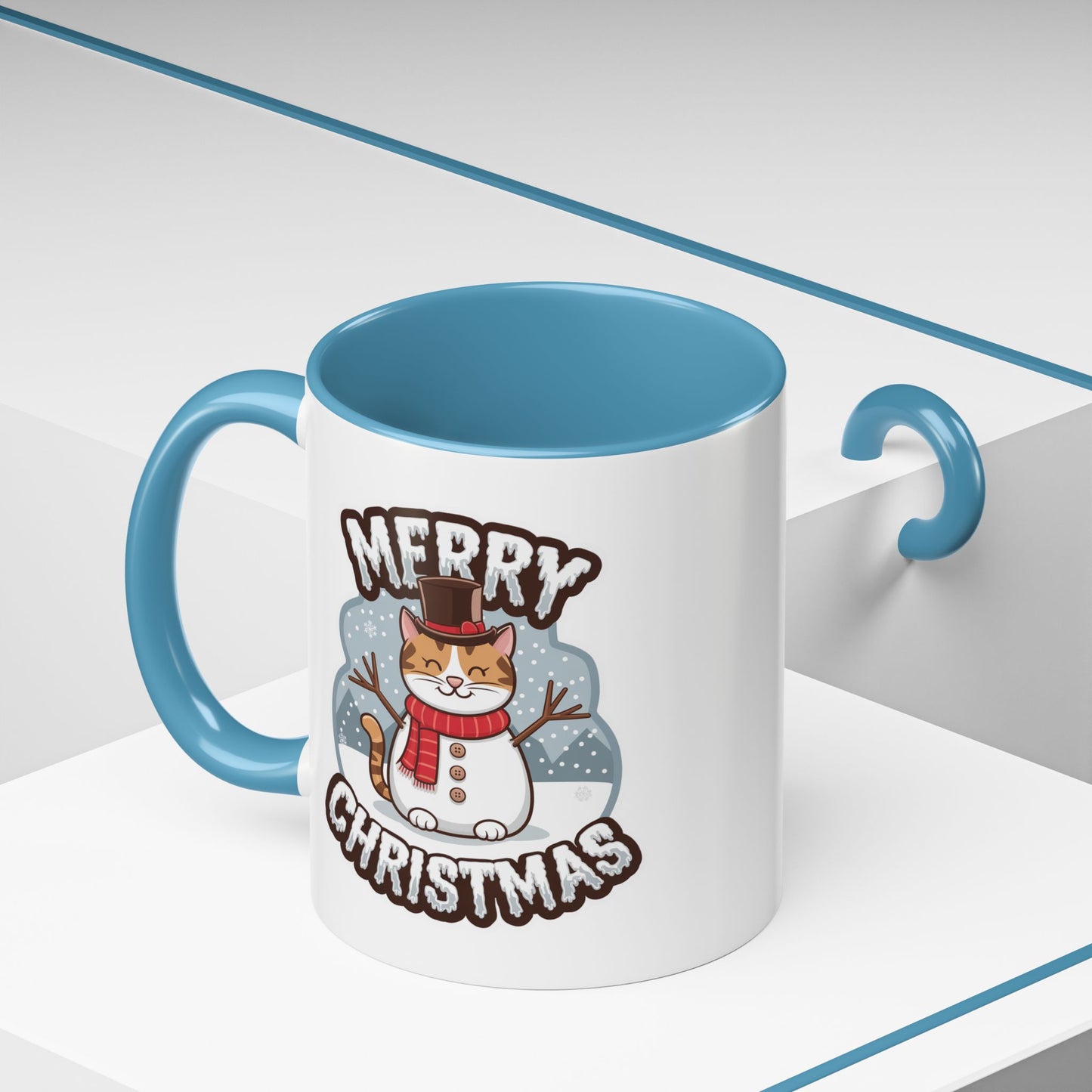 Christmas Mug - Merry Christmas Black & White Text Snowman Cat