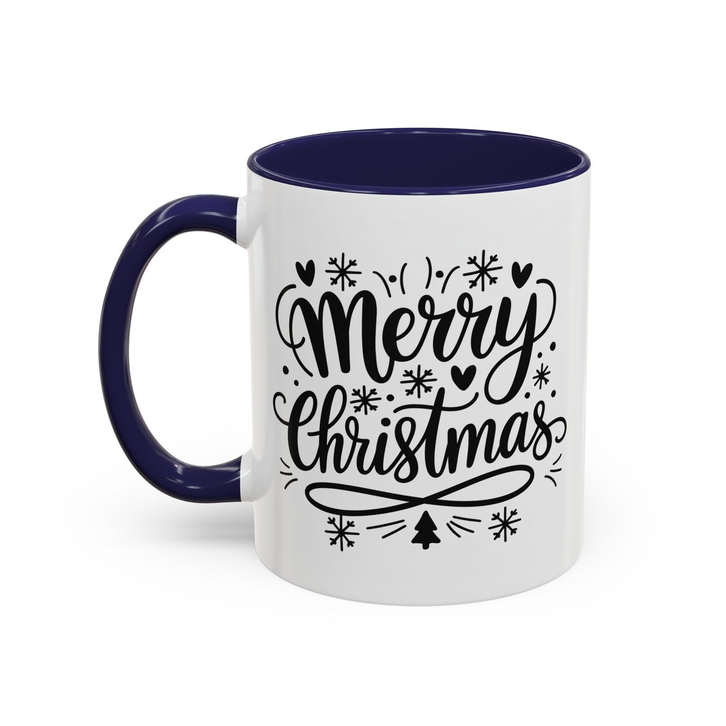 Christmas Mug - Merry Christmas Black Text Tree Snowflakes Hearts