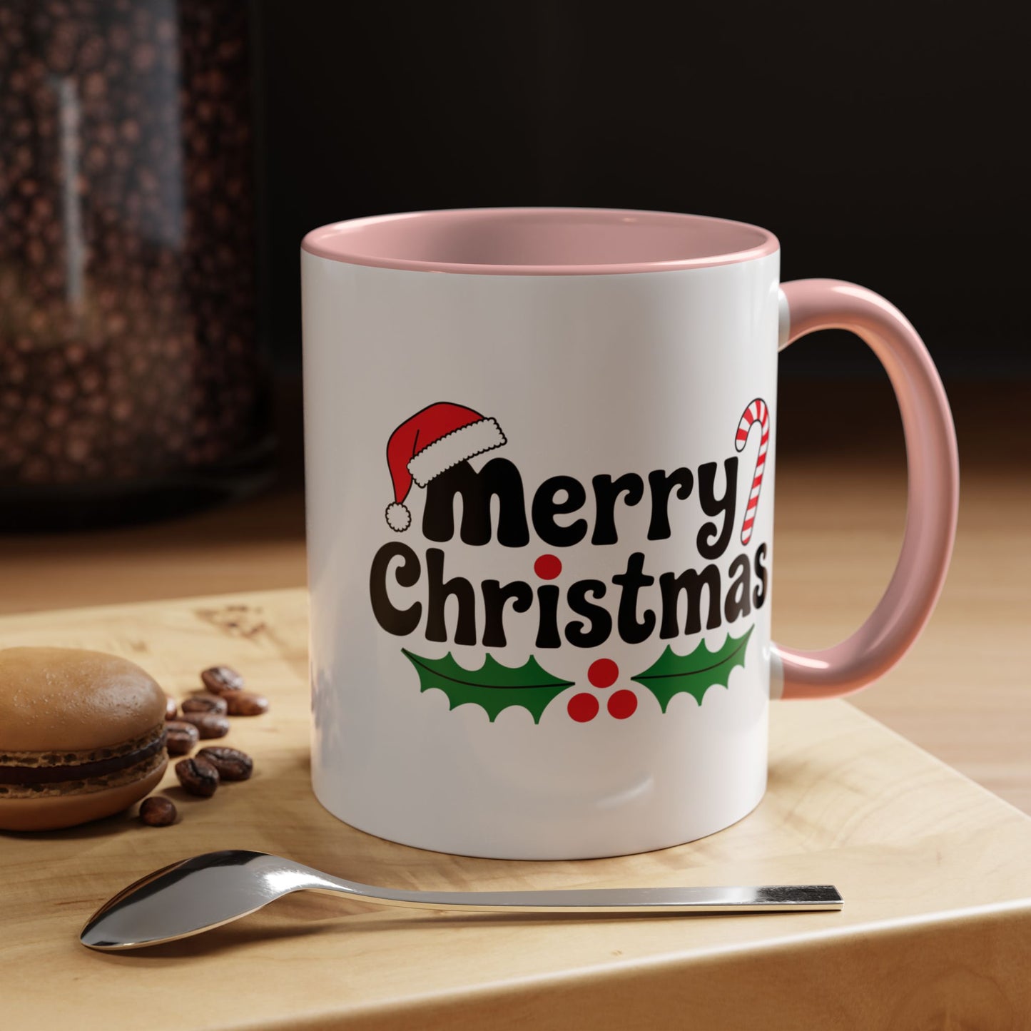Christmas Mug - Merry Christmas Black Text Hat Candy Cane Mistletoe
