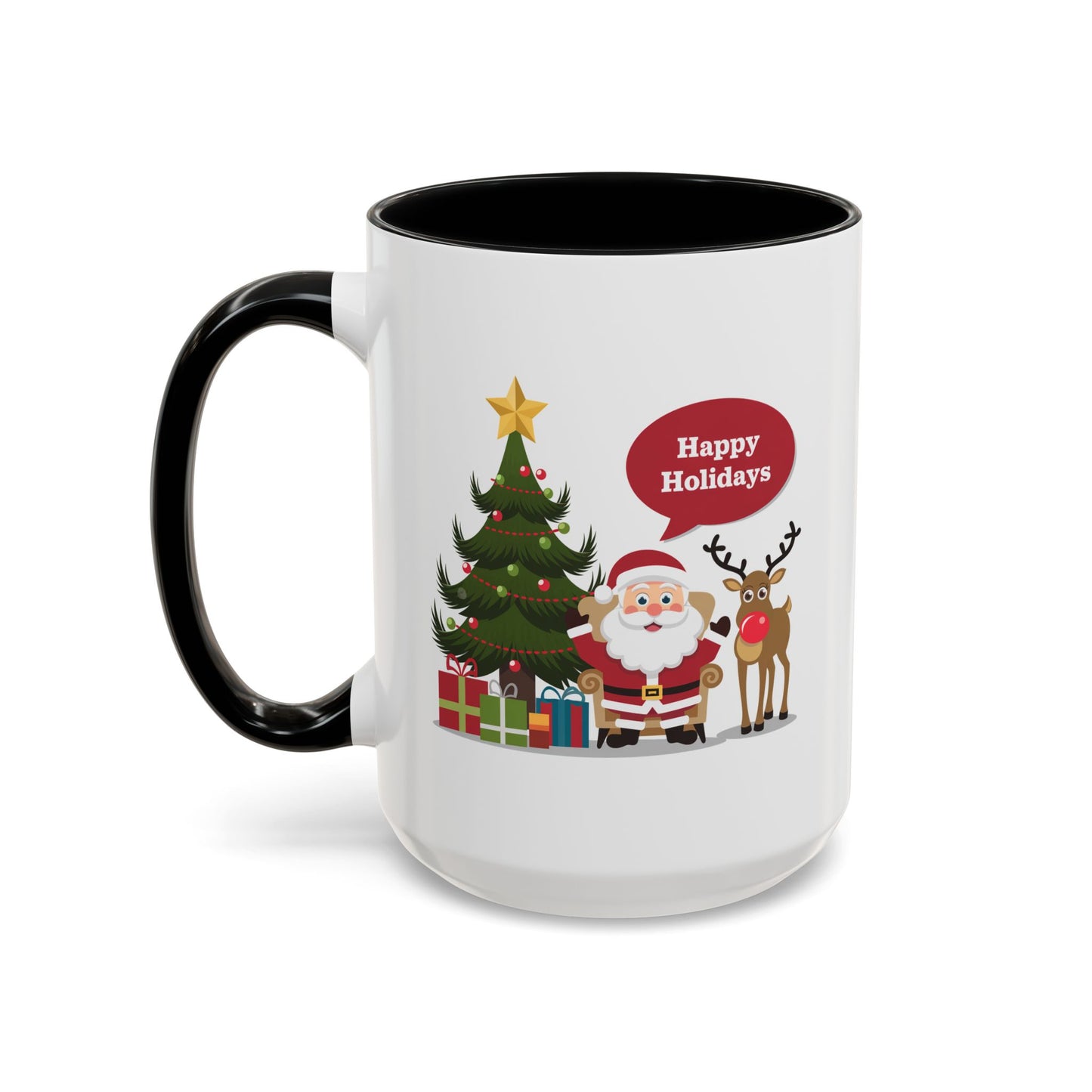 Christmas Mug - Happy Holidays Callout Santa Tree Presents Reindeer