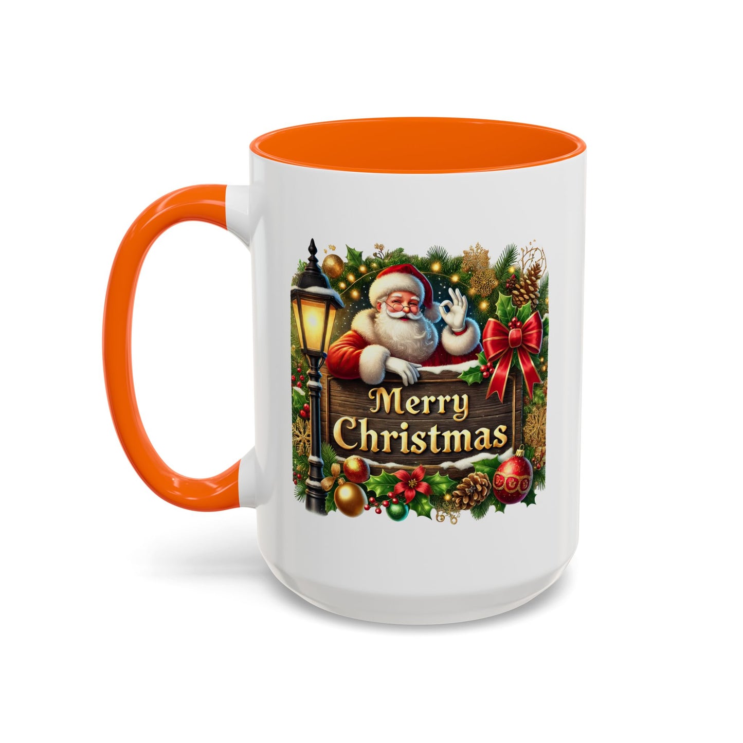 Christmas Mug - Merry Christmas Cream Text Santa Ok Light Bow Ornaments