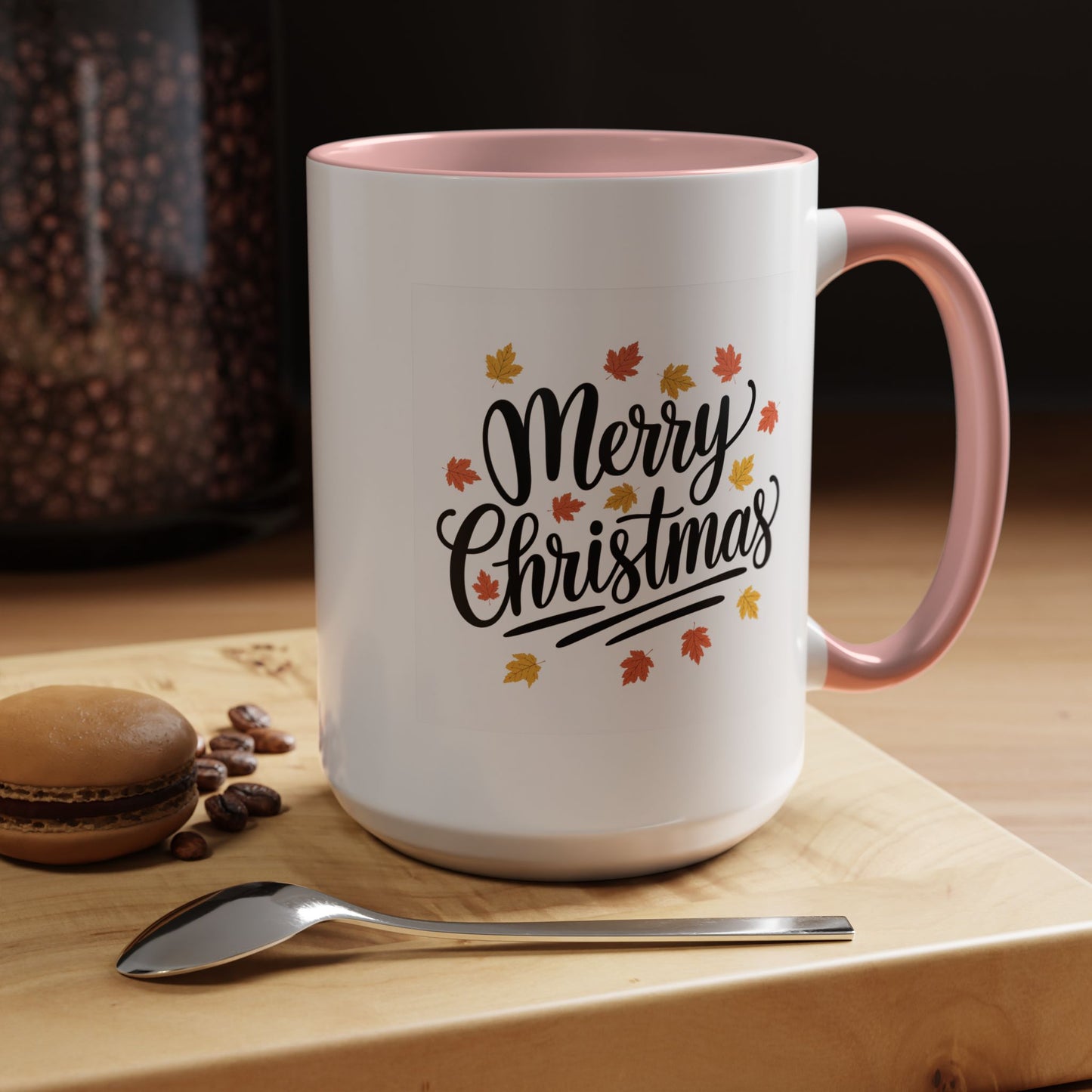Christmas Mug - Merry Christmas Black Text Fall Leaves