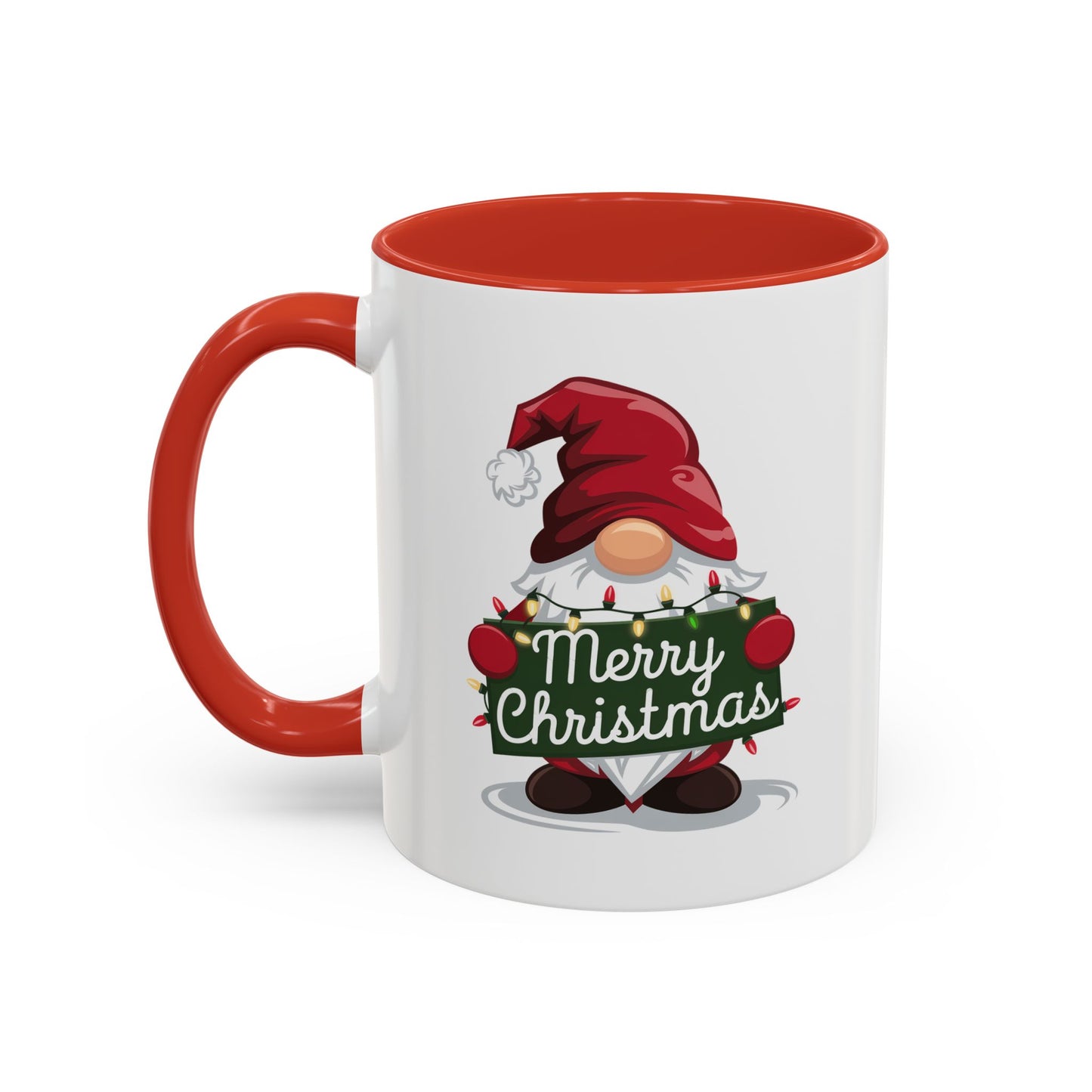 Christmas Mug - Merry Christmas White & Green Text Gnome Lights